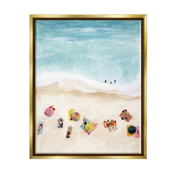 Stupell Industries Summer Beach Day People Swimming Coastal Painting Gold Floater Framed Art Print Wall Art