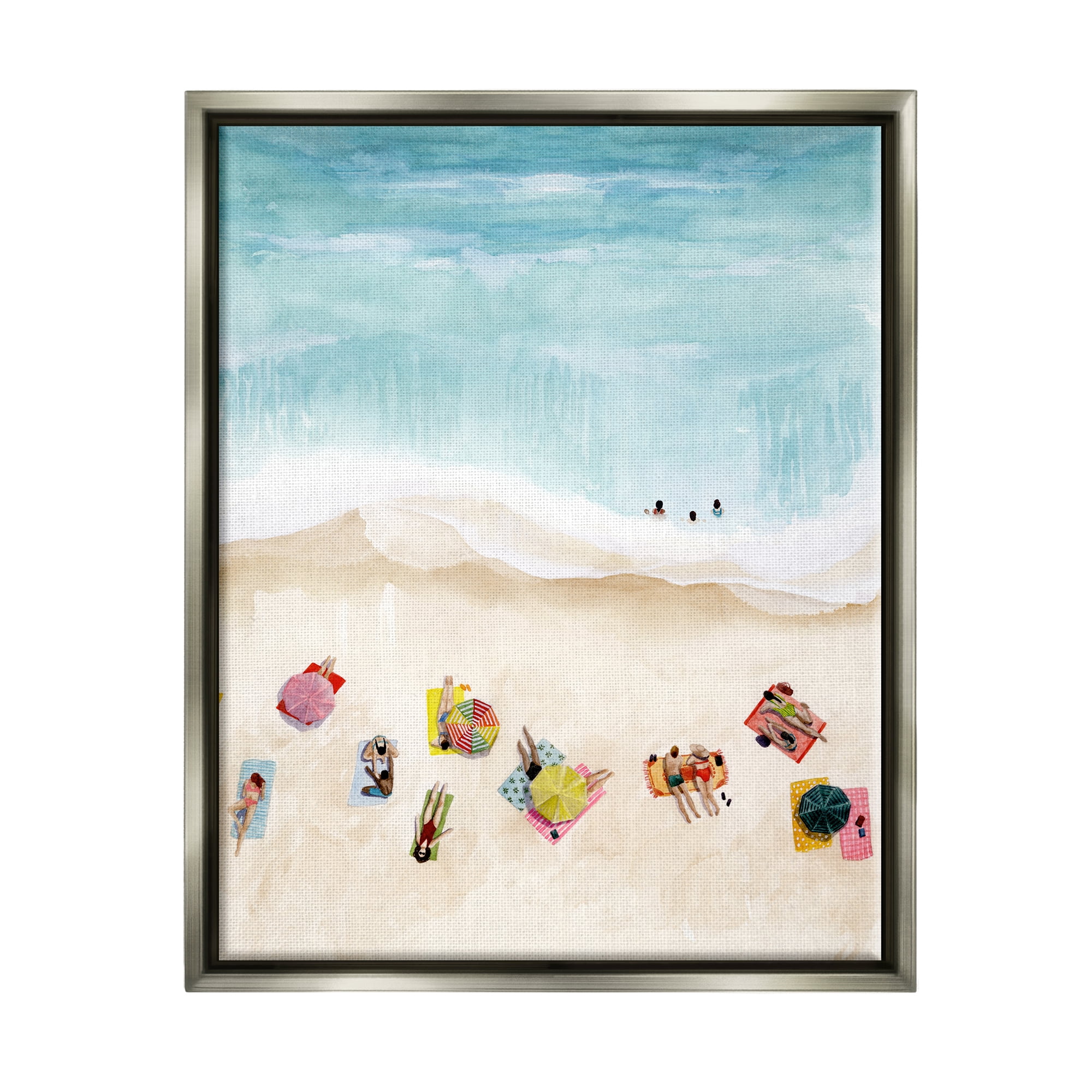 Stupell Industries Summer Beach Day People Swimming Coastal Painting Gray Floater Framed Art Print Wall Art