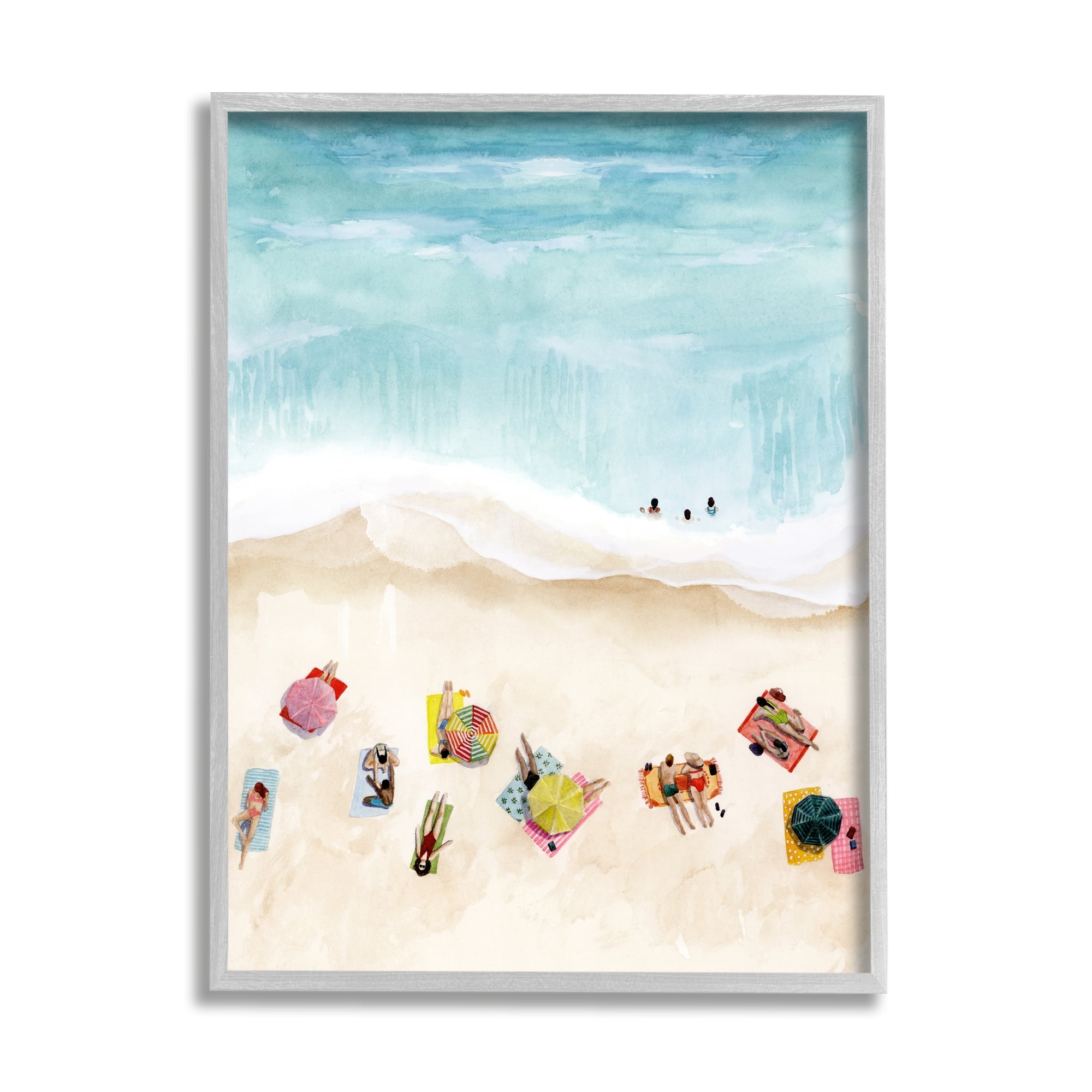 Stupell Industries Summer Beach Day People Swimming Coastal Painting Gray Framed Art Print Wall Art