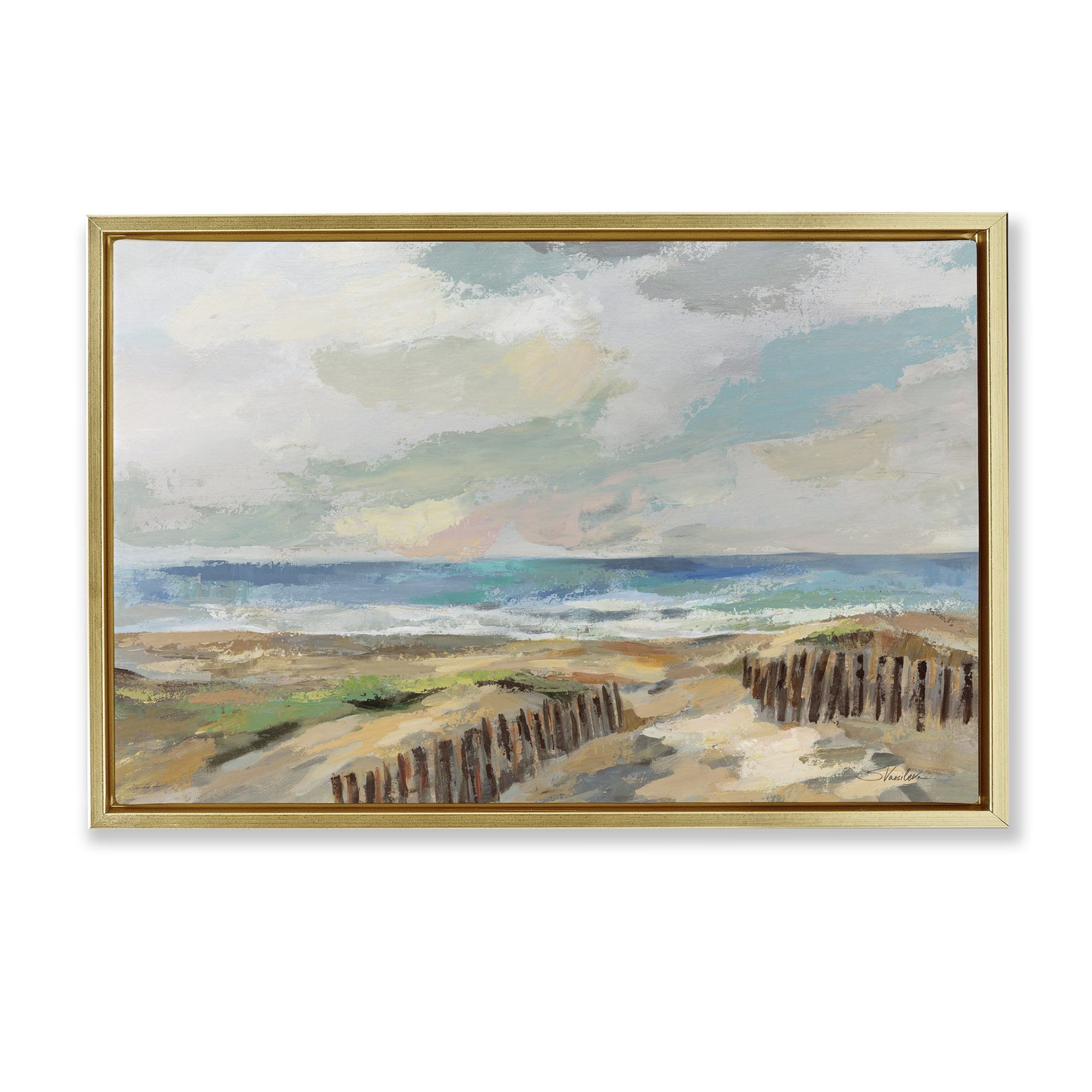 Stupell Industries Summer Beach Dunes Landscape & Nature Painting Gold Floater Framed Canvas Art Print Wall Art, 25 x 17
