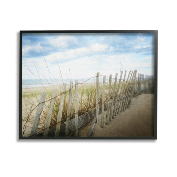 Stupell Industries Summer Beach Fence Landscape Painting Black Framed Art Print Wall Art, 14 x 11