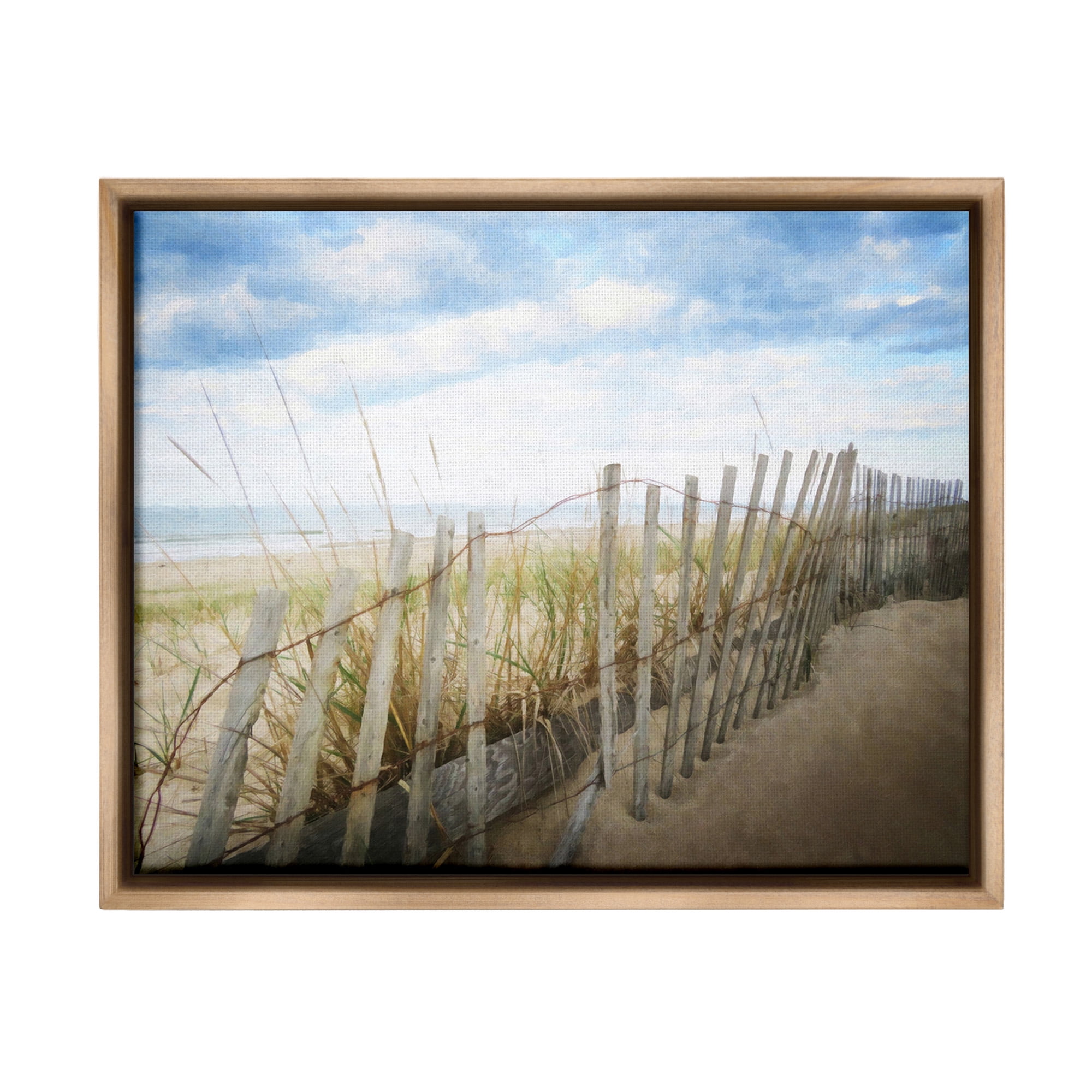 Stupell Industries Summer Beach Fence Landscape Painting Brown Floater Framed Canvas Art Print Wall Art, 31 x 25