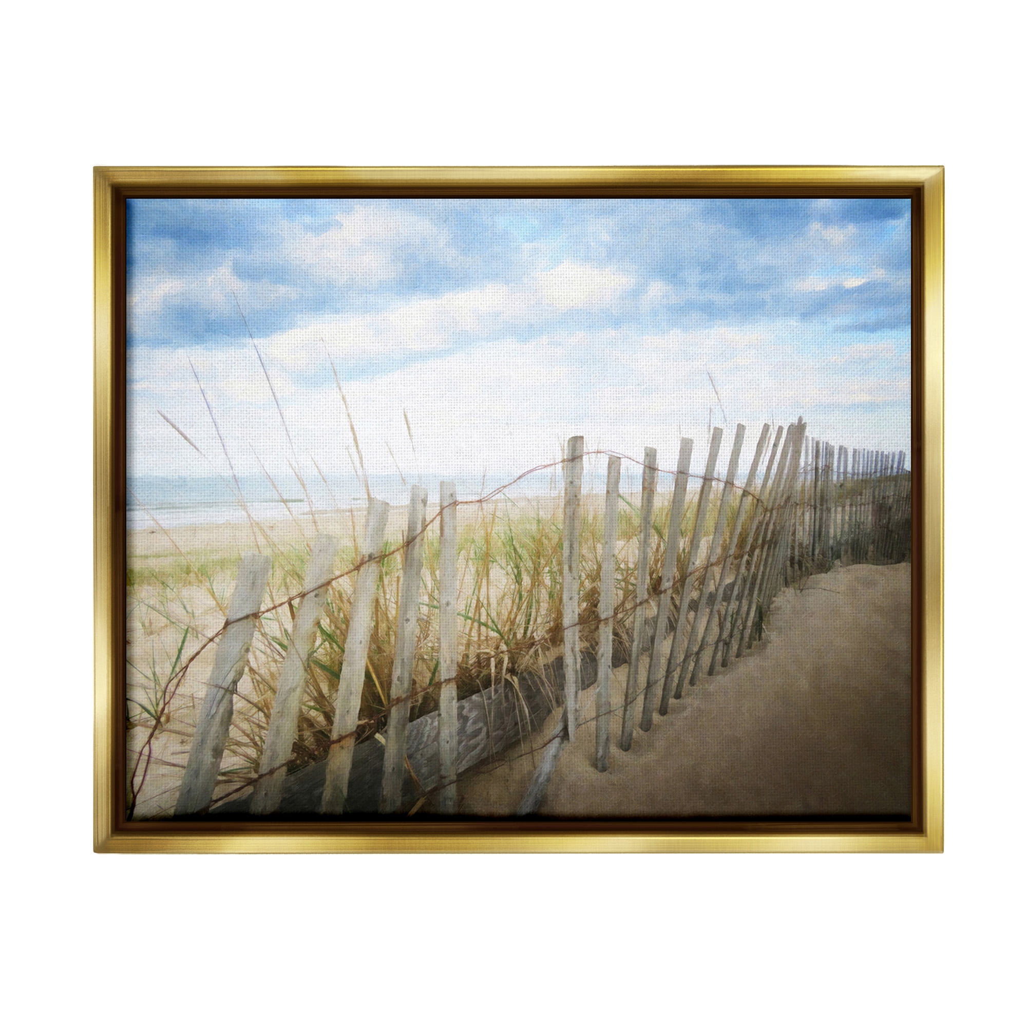 Stupell Industries Summer Beach Fence Landscape Painting Gold Floater Framed Canvas Art Print Wall Art, 21 x 17