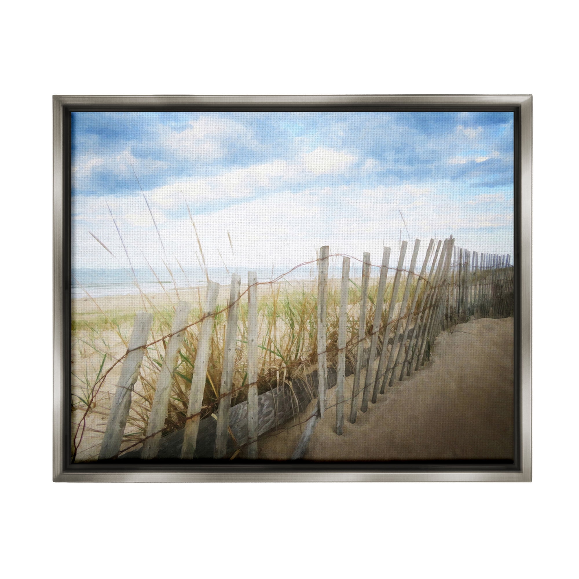 Stupell Industries Summer Beach Fence Landscape Painting Gray Floater Framed Canvas Art Print Wall Art, 21 x 17