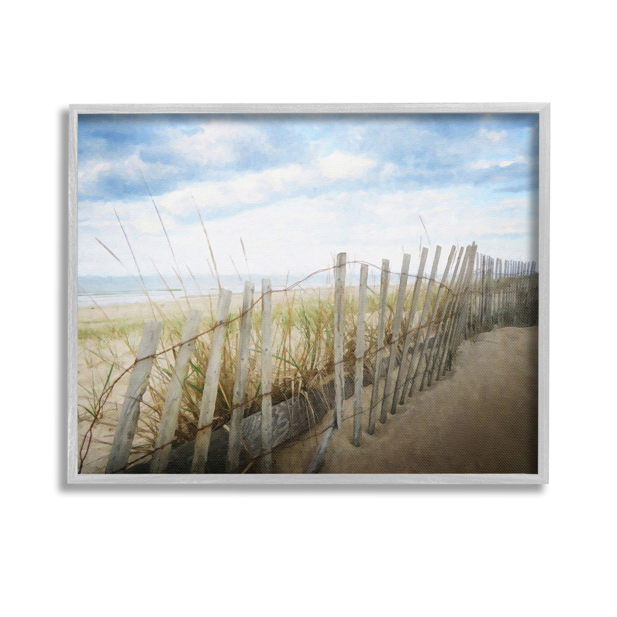 Stupell Industries Summer Beach Fence Landscape Painting Gray Framed Art Print Wall Art, 14 x 11