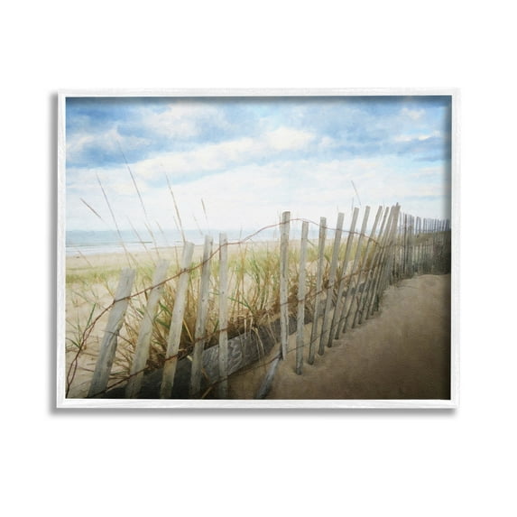 Stupell Industries Summer Beach Fence Landscape Painting White Framed Art Print Wall Art, 14 x 11