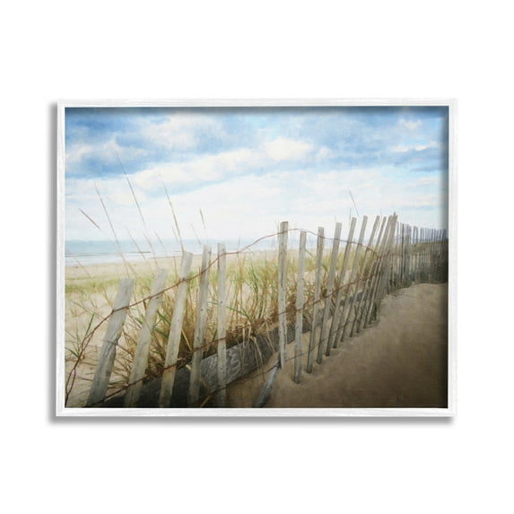 Stupell Industries Summer Beach Fence Landscape Painting White Framed Art Print Wall Art, 20 x 16