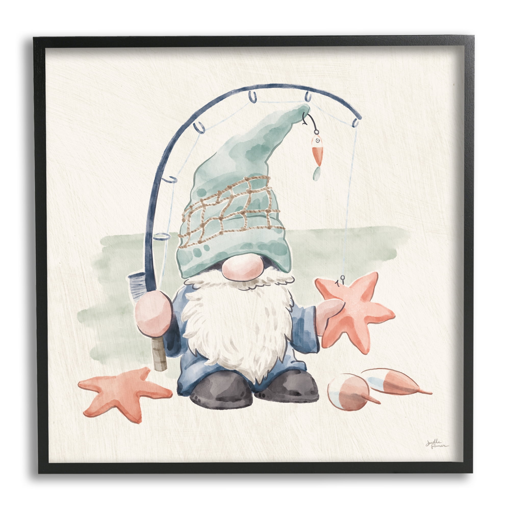 Stupell Industries Summer Beach Fishing Gnome Holding Starfish Watercolor Illustration , 17 x 30, Design by Janelle Penner