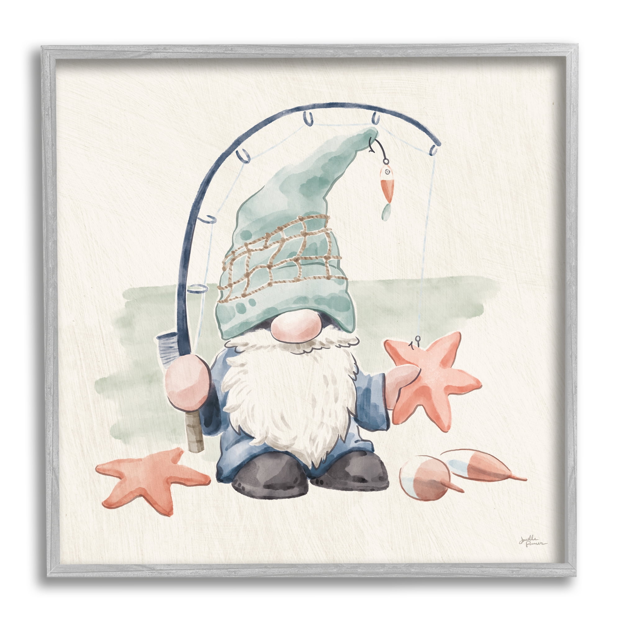 Stupell Industries Summer Beach Fishing Gnome Holding Starfish Watercolor Illustration , 24 x 24, Design by Janelle Penner