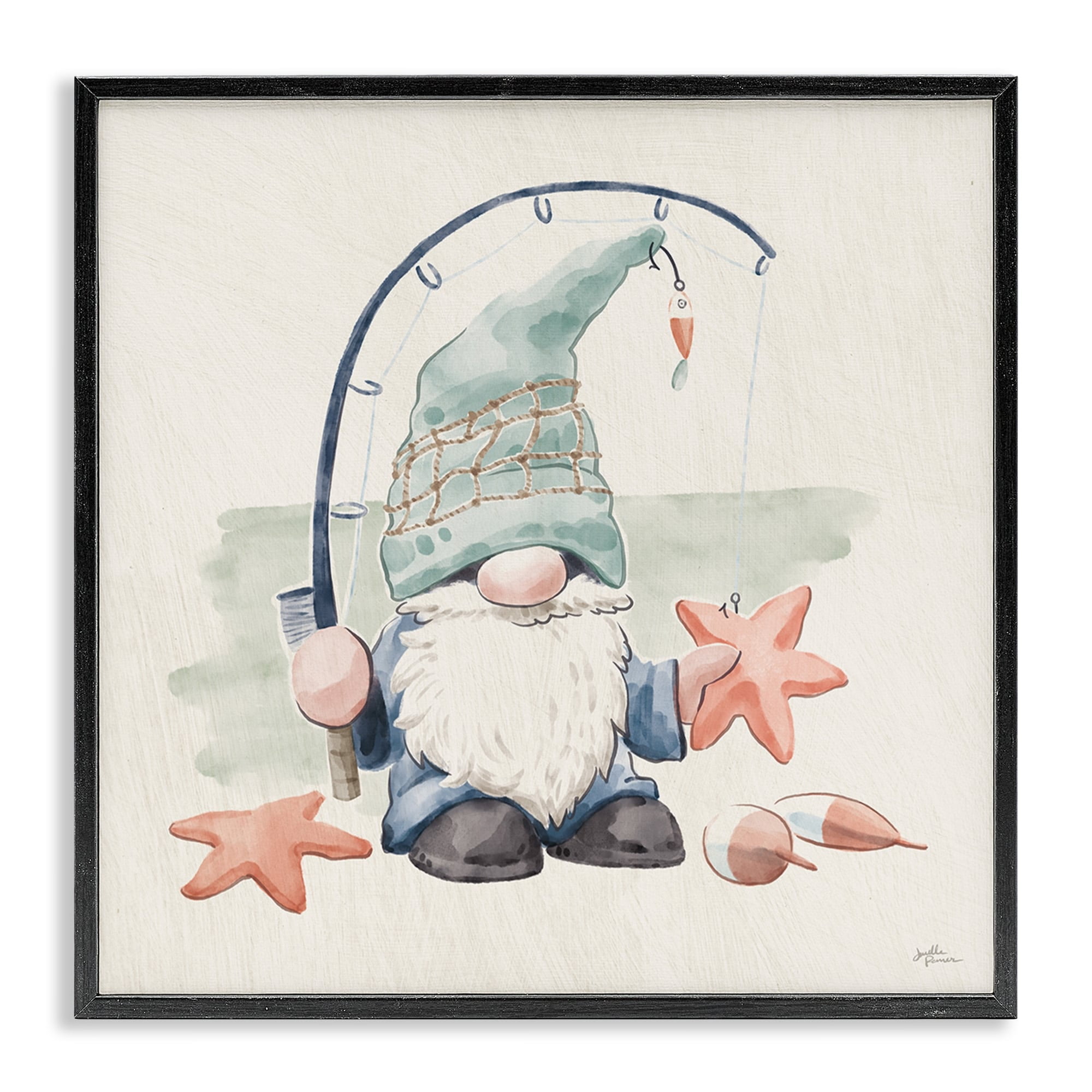 Stupell Industries Summer Beach Fishing Gnome Holding Starfish Watercolor Illustration , 24 x 24, Design by Janelle Penner