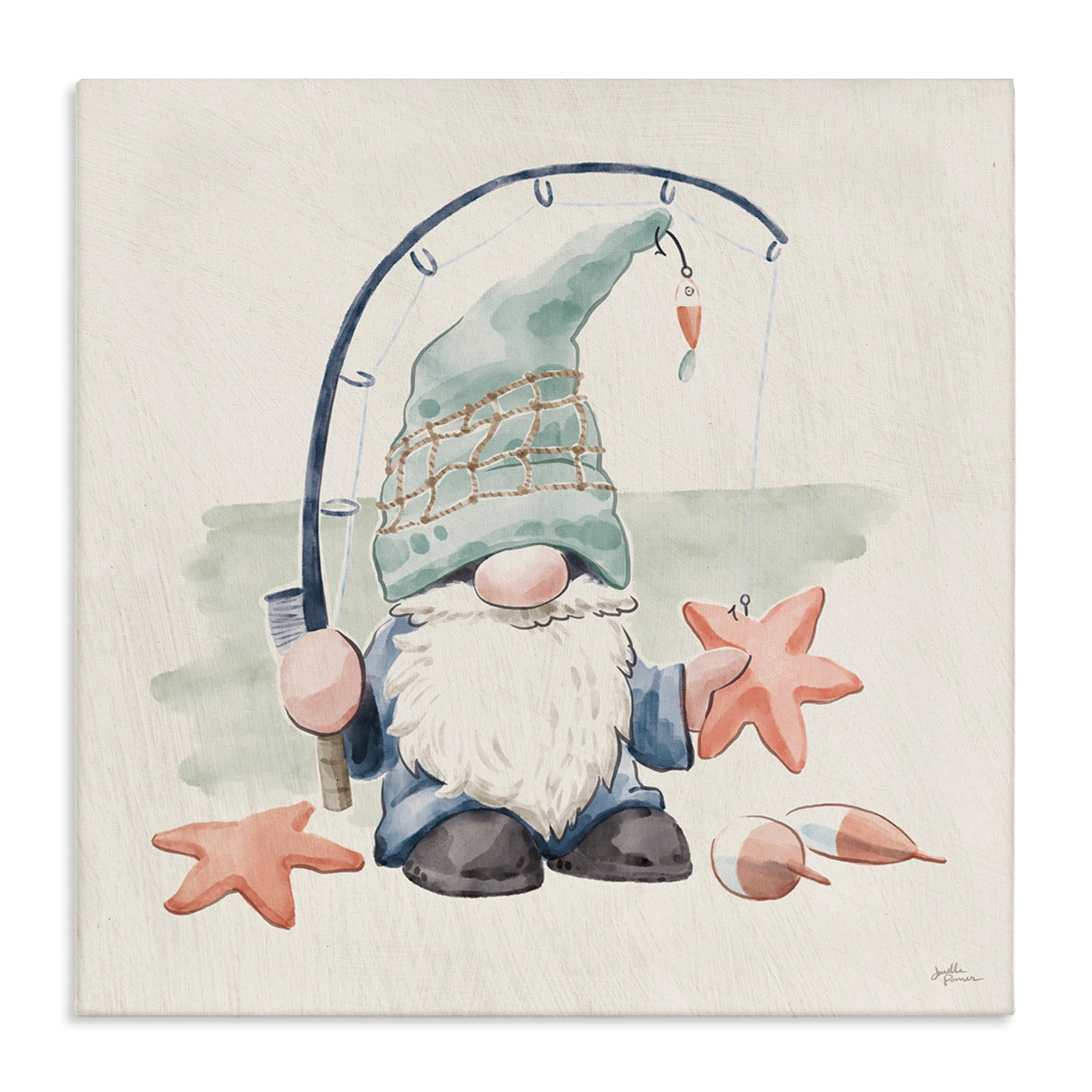 Stupell Industries Summer Beach Fishing Gnome Holding Starfish Watercolor Illustration Gallery-Wrapped Canvas Print Wall Art, 24x24, by Janelle Penner