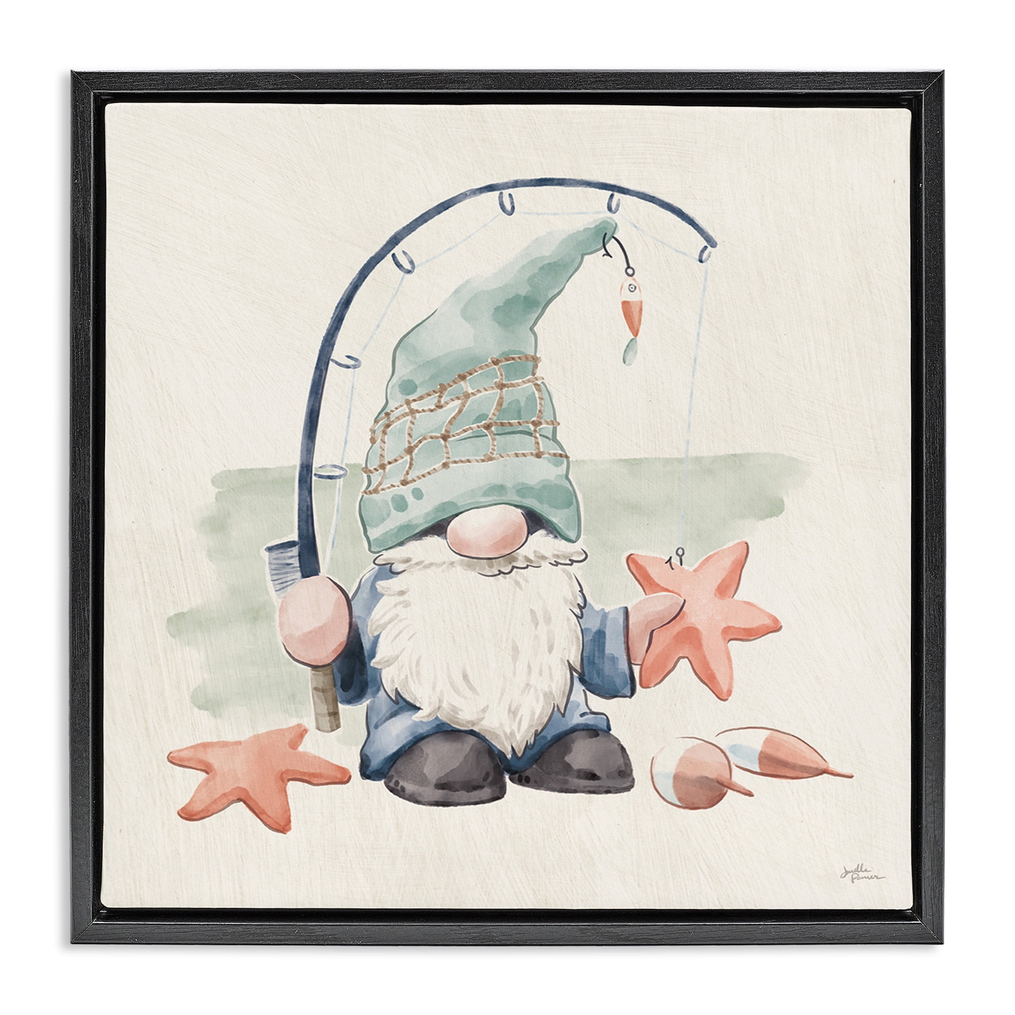 Stupell Industries Summer Beach Fishing Gnome Nature Painting Black Floater Framed Canvas Art Print Wall Art, 25 x 25
