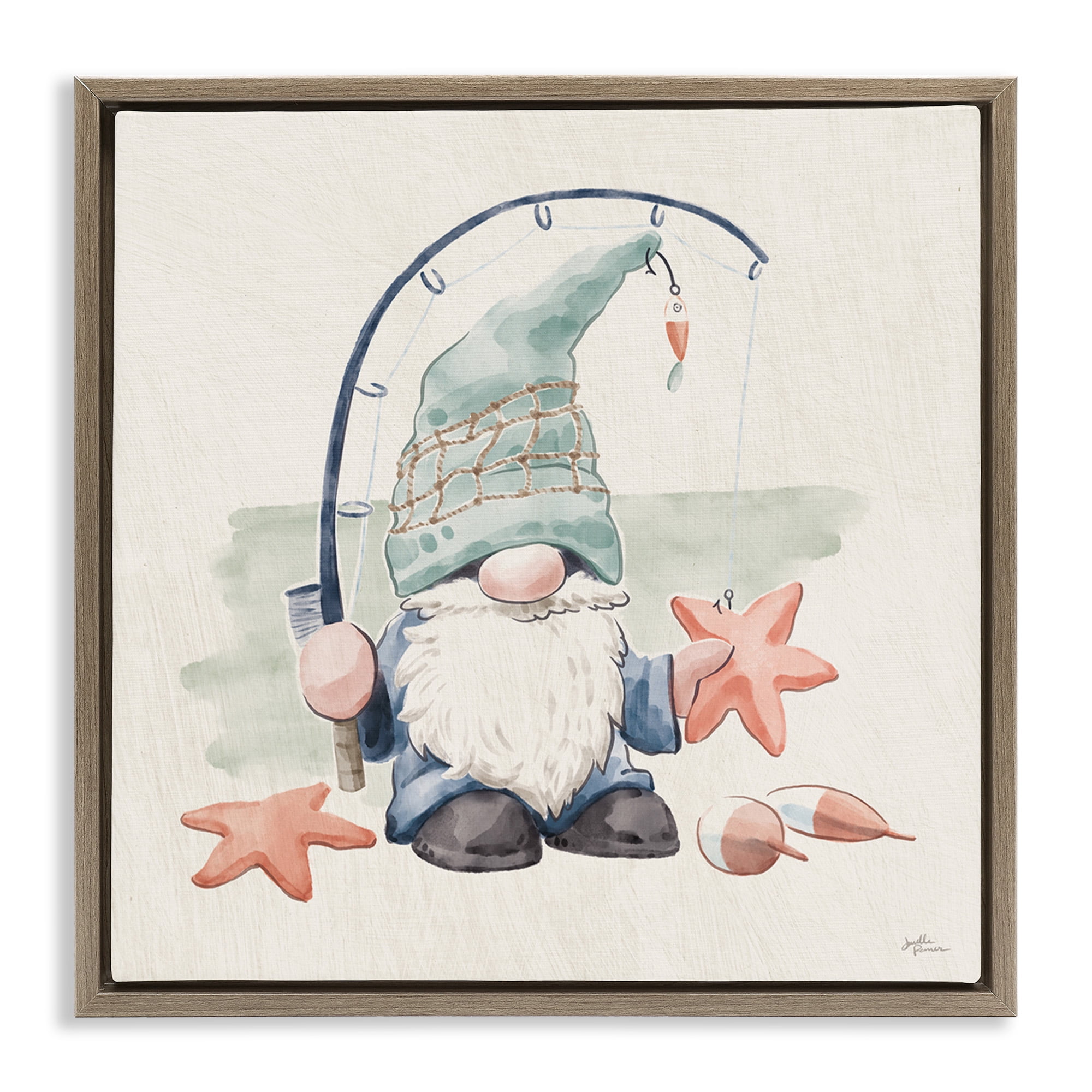 Stupell Industries Summer Beach Fishing Gnome Nature Painting Brown Floater Framed Canvas Art Print Wall Art, 18 x 18