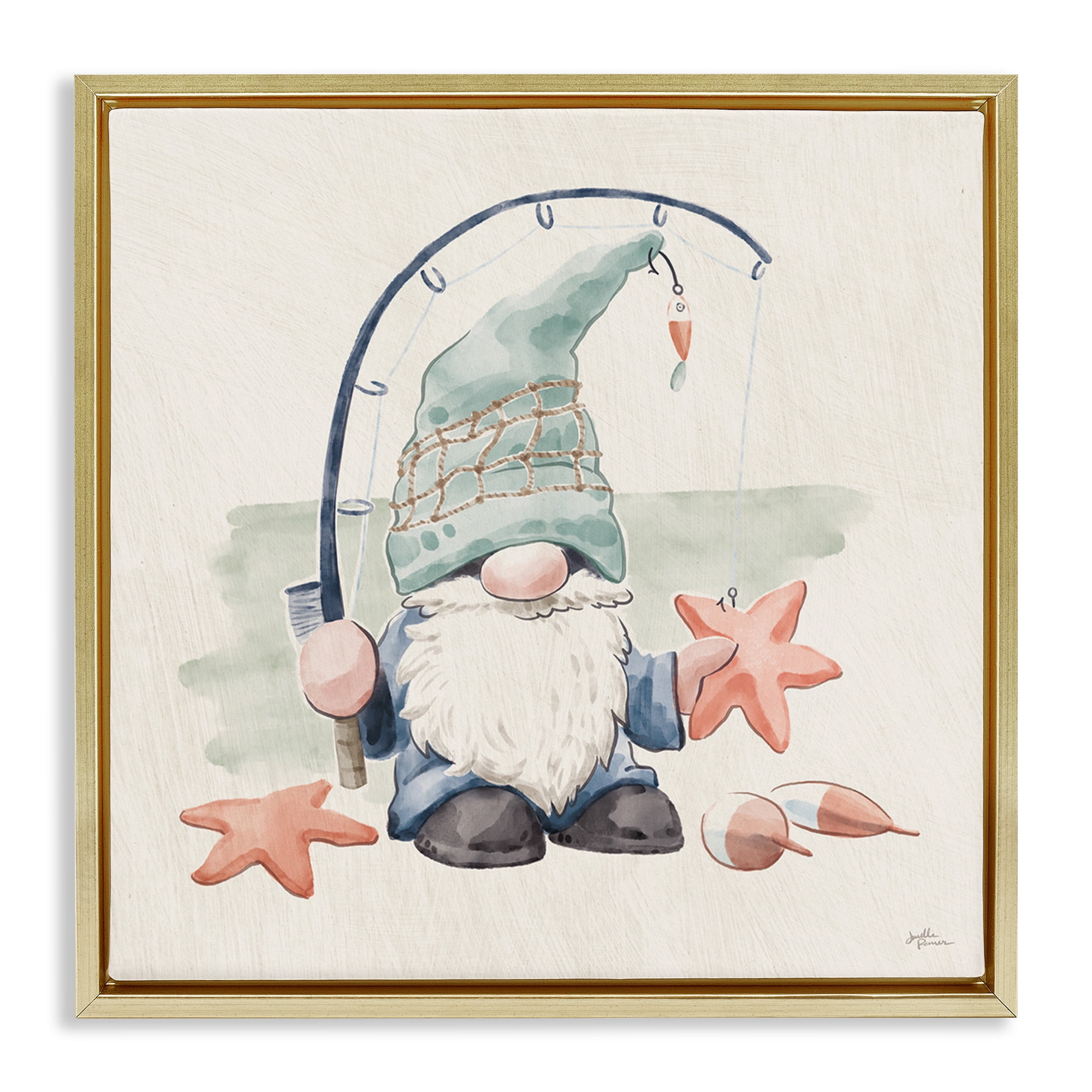 Stupell Industries Summer Beach Fishing Gnome Nature Painting Gold Floater Framed Canvas Art Print Wall Art, 18 x 18