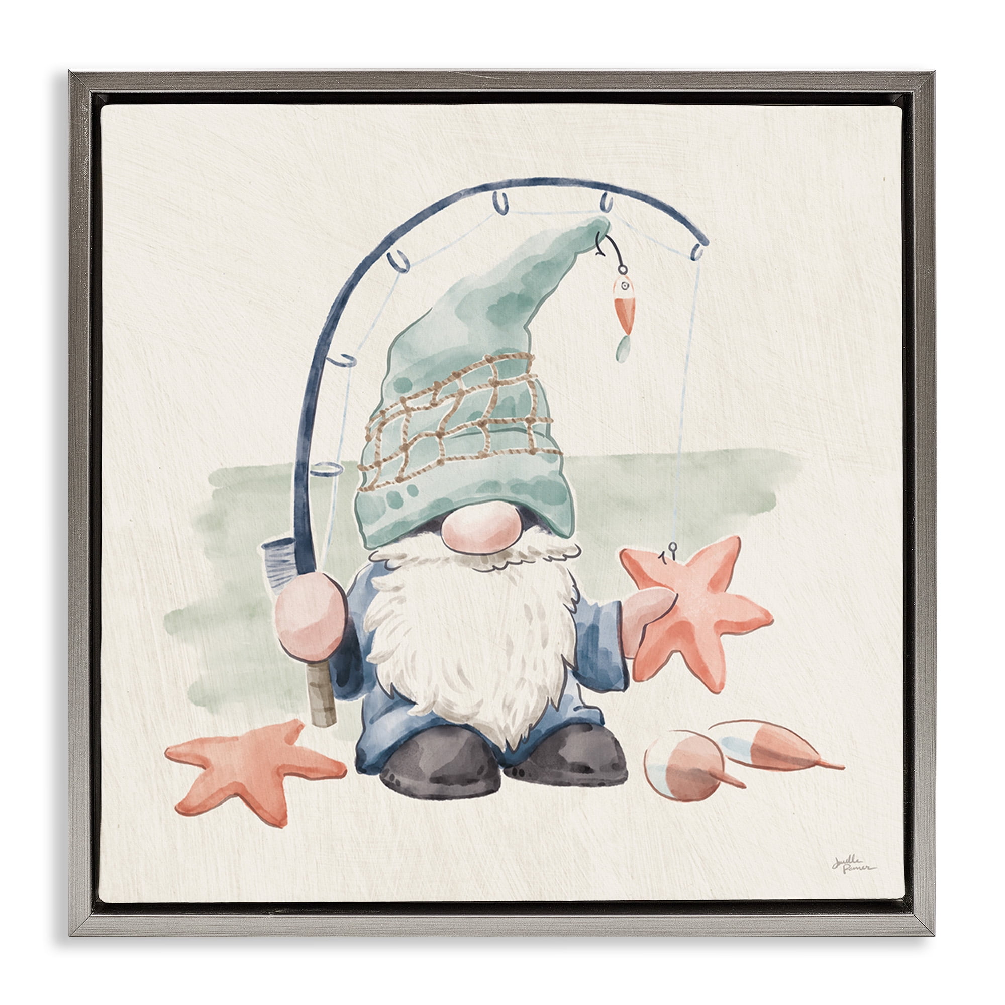 Stupell Industries Summer Beach Fishing Gnome Nature Painting Gray Floater Framed Canvas Art Print Wall Art, 18 x 18