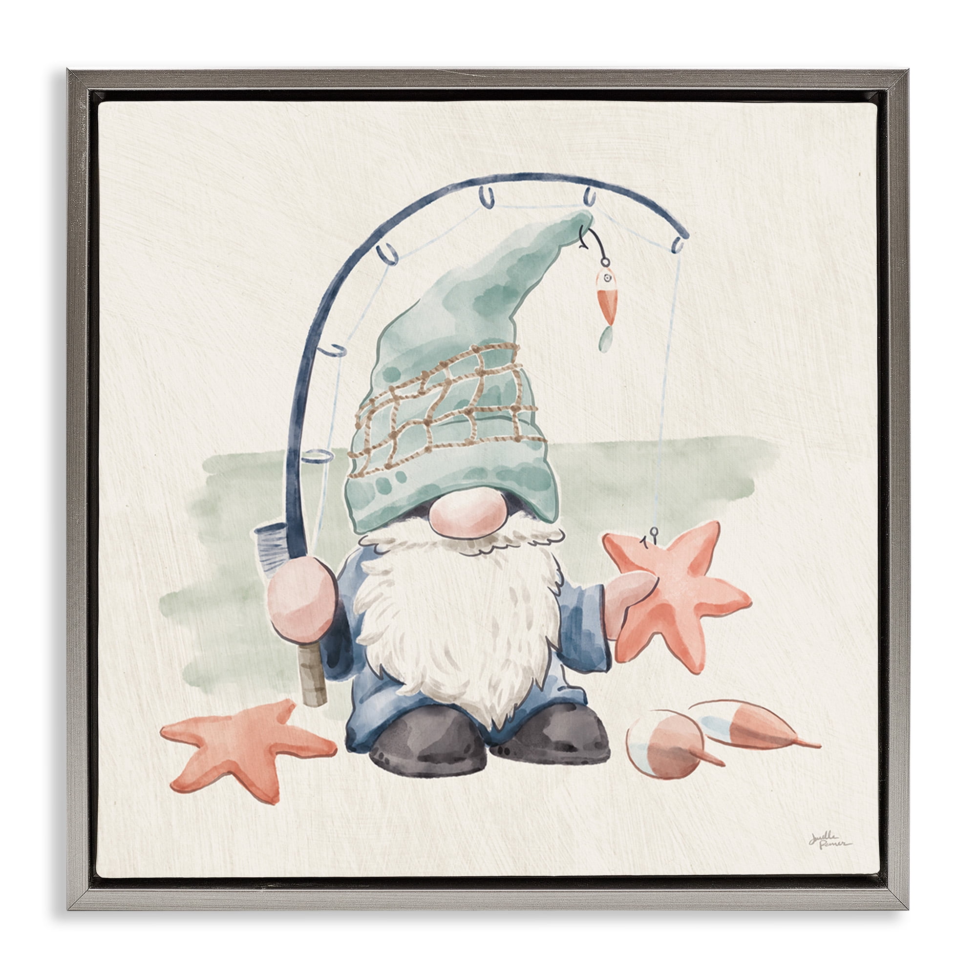Stupell Industries Summer Beach Fishing Gnome Nature Painting Gray Floater Framed Canvas Art Print Wall Art, 25 x 25