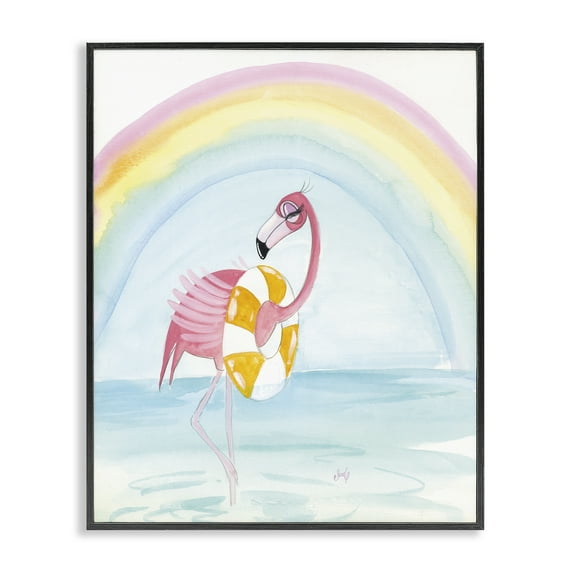 Stupell Industries Summer Beach Flamingo Coastal Painting Black Framed Art Print Wall Art, 16 x 20