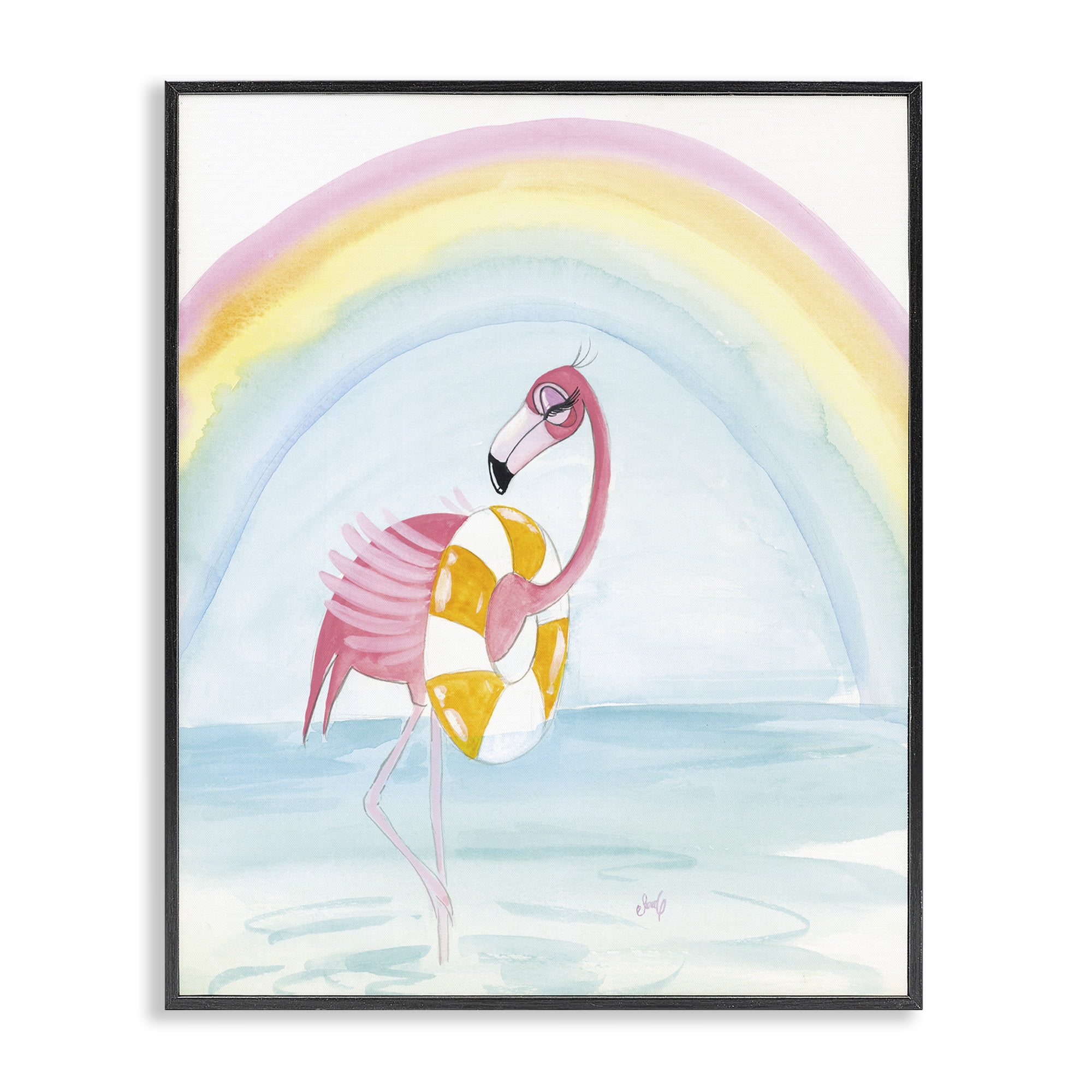 Stupell Industries Summer Beach Flamingo Coastal Painting Black Framed Art Print Wall Art, 24 x 30