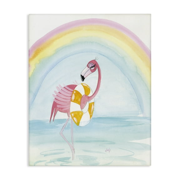 Stupell Industries Summer Beach Flamingo Coastal Painting Gallery Wrapped Canvas Art Print Wall Art, 16 x 20