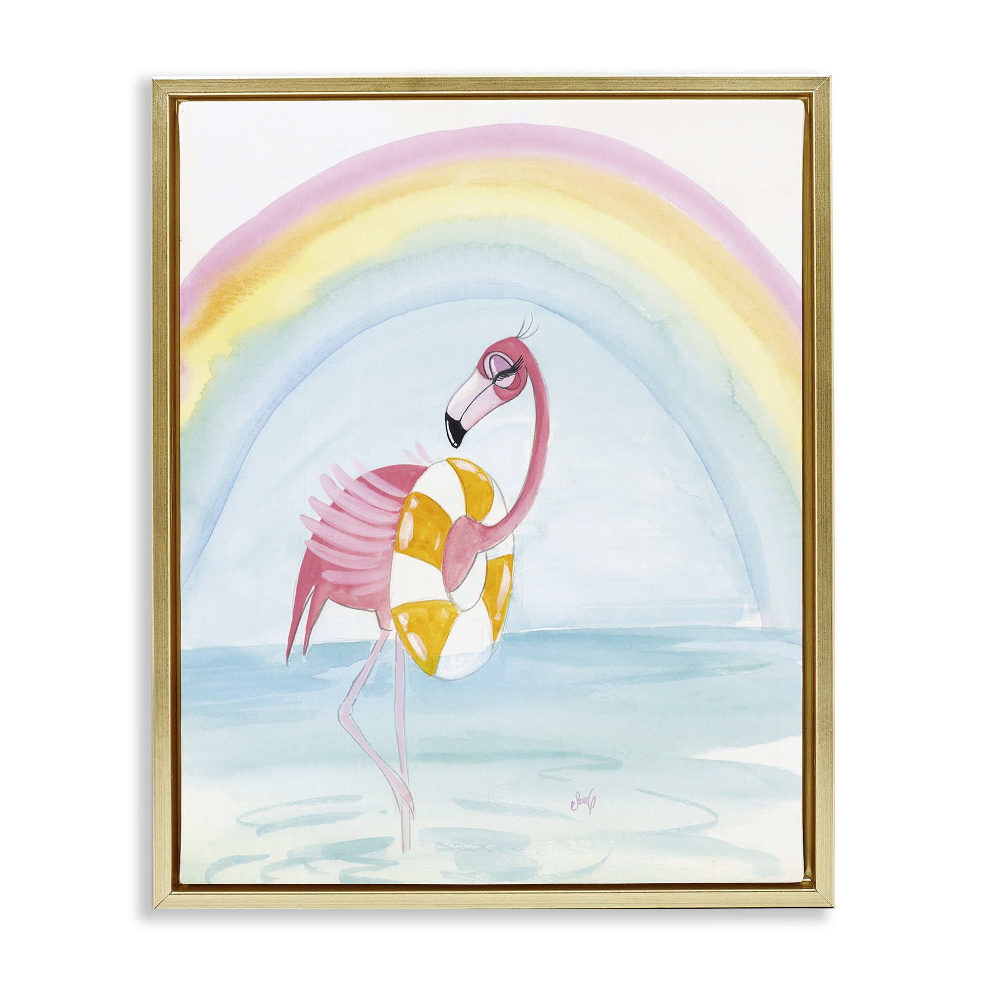 Stupell Industries Summer Beach Flamingo Coastal Painting Gold Floater Framed Art Print Wall Art, 17 x 21