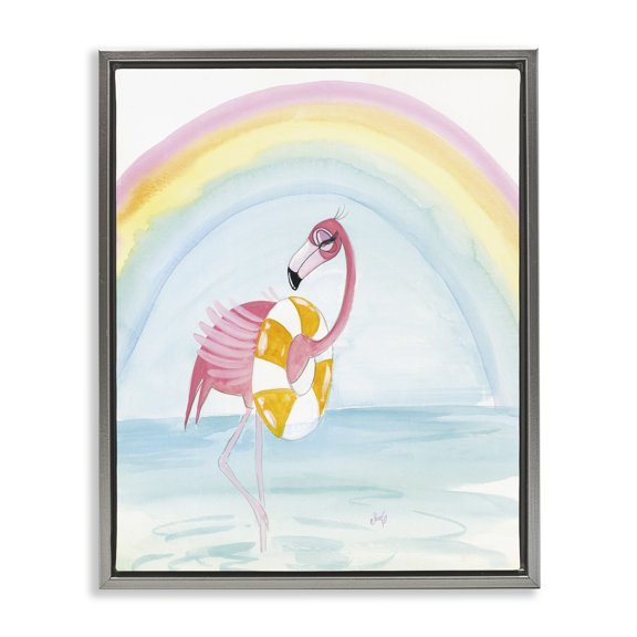 Stupell Industries Summer Beach Flamingo Coastal Painting Gray Floater Framed Art Print Wall Art, 17 x 21