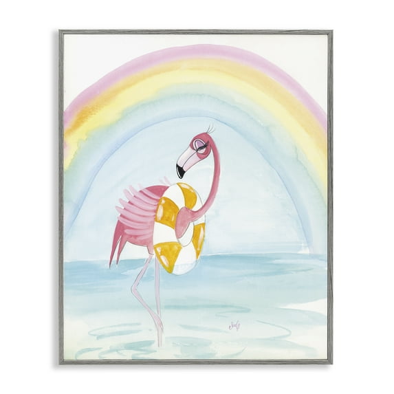 Stupell Industries Summer Beach Flamingo Coastal Painting Gray Framed Art Print Wall Art, 16 x 20
