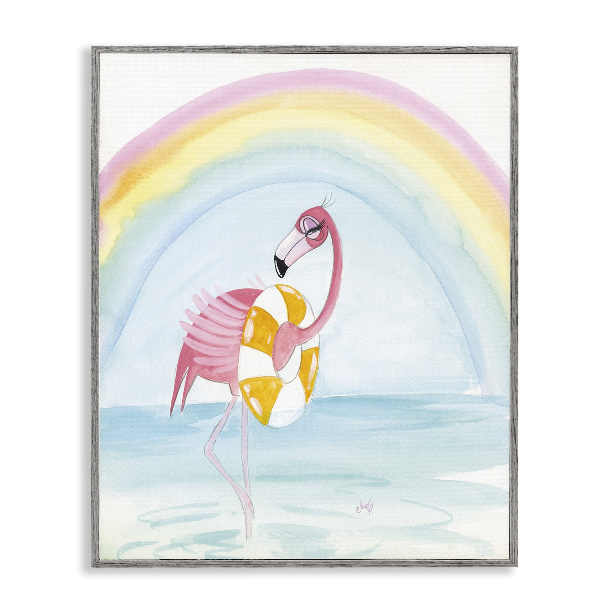 Stupell Industries Summer Beach Flamingo Coastal Painting Gray Framed Art Print Wall Art, 24 x 30