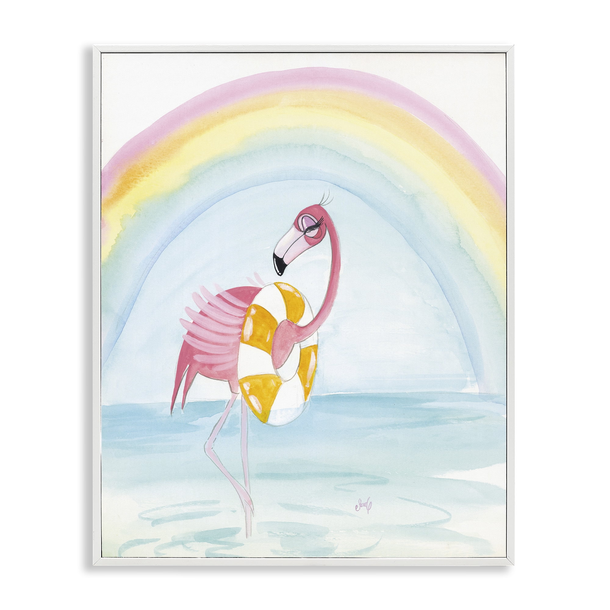 Stupell Industries Summer Beach Flamingo Coastal Painting White Framed Art Print Wall Art, 24 x 30