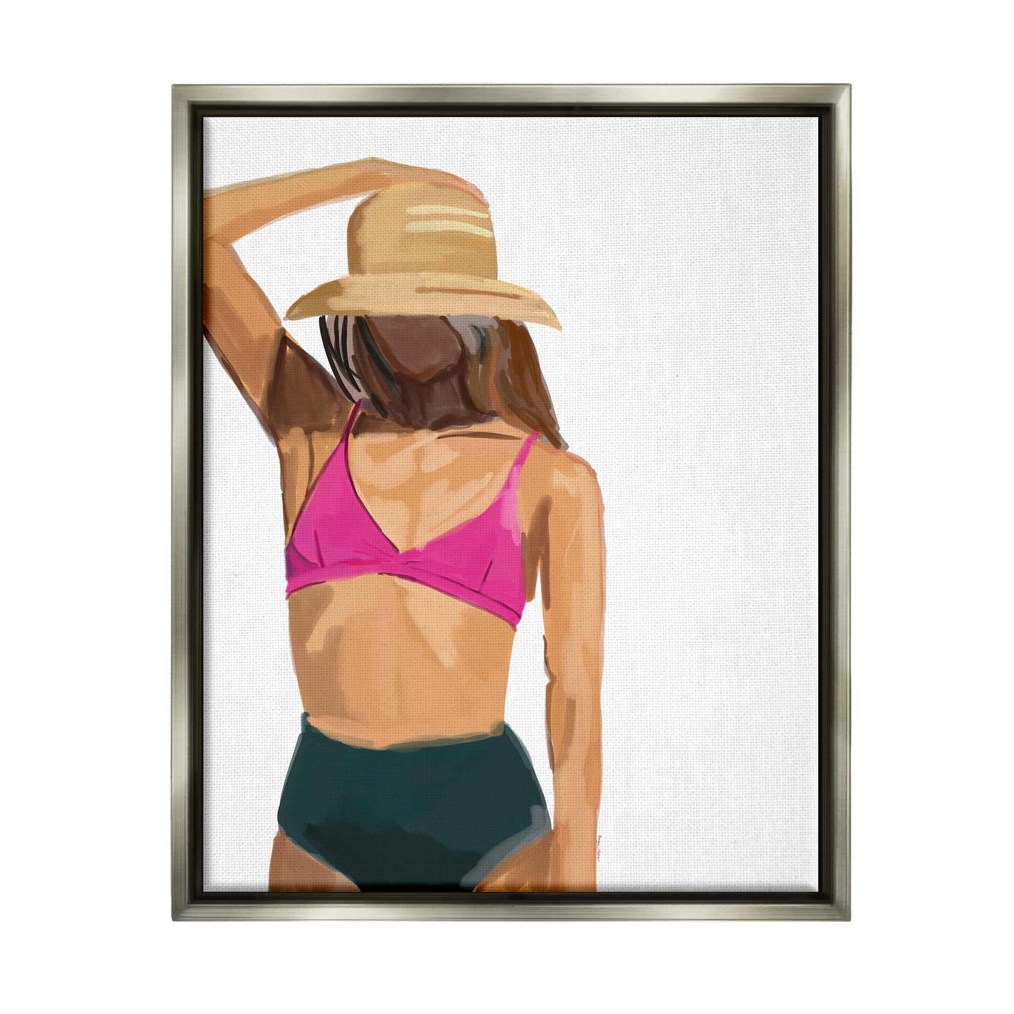 Stupell Industries Summer Beach Girl In Sun Hat Coastal Painting Gray Floater Framed Art Print Wall Art