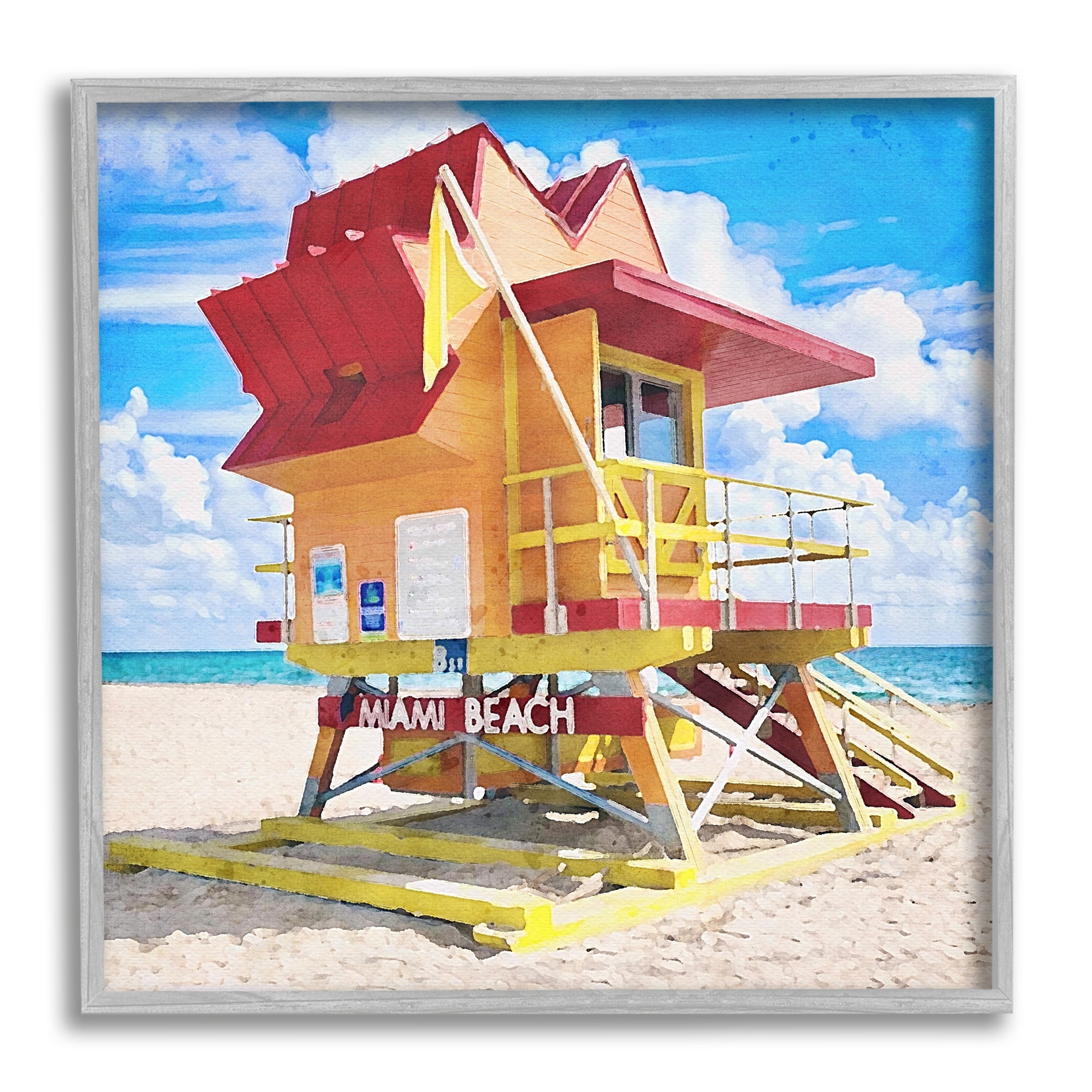 Stupell Industries Summer Beach Hut Nature Painting Gray Framed Art Print Wall Art, 17 x 17