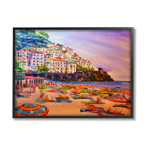 Stupell Industries Summer Beach Landscape Nature Painting Black Framed Art Print Wall Art, 14 x 11