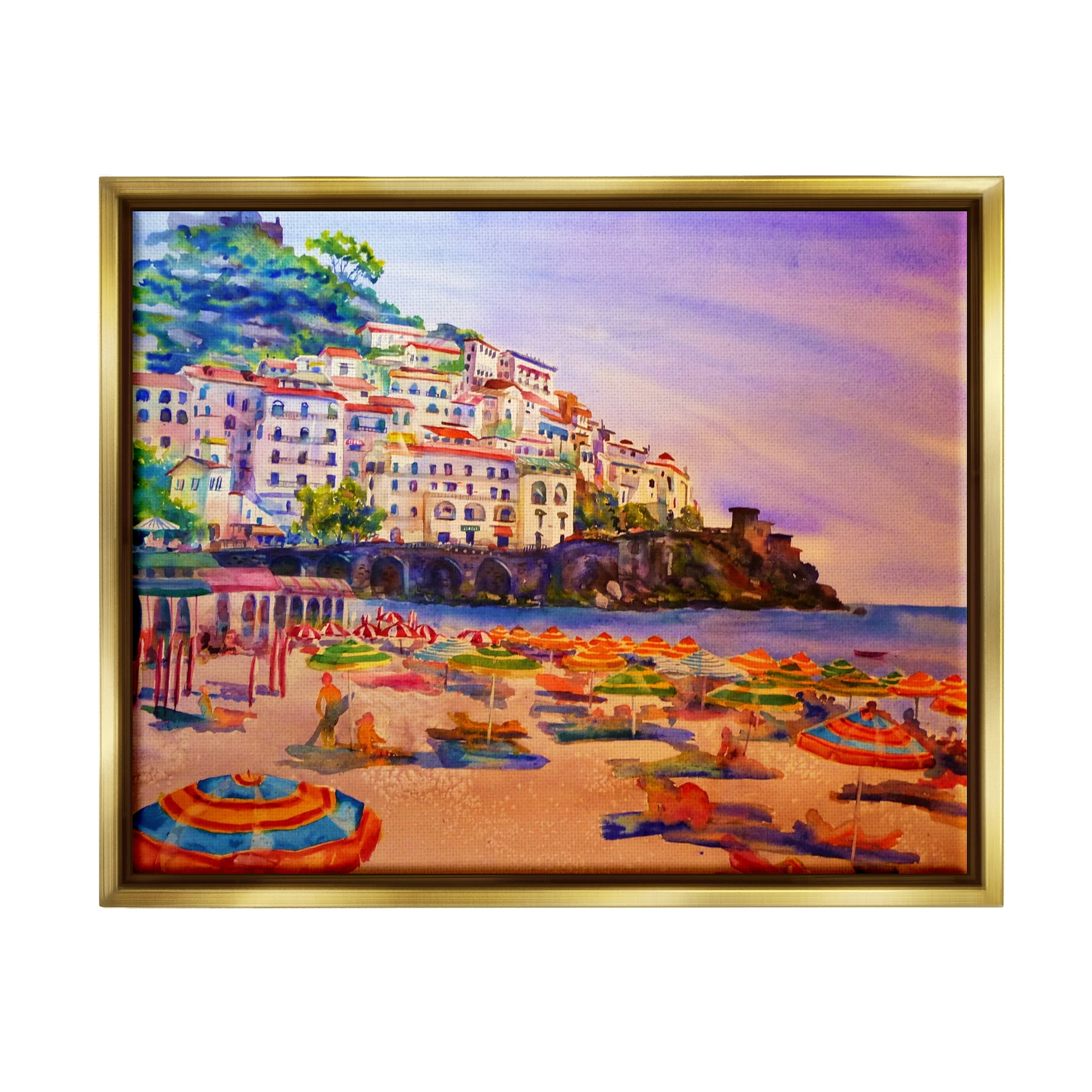 Stupell Industries Summer Beach Landscape Nature Painting Gold Floater Framed Art Print Wall Art, 31 x 25