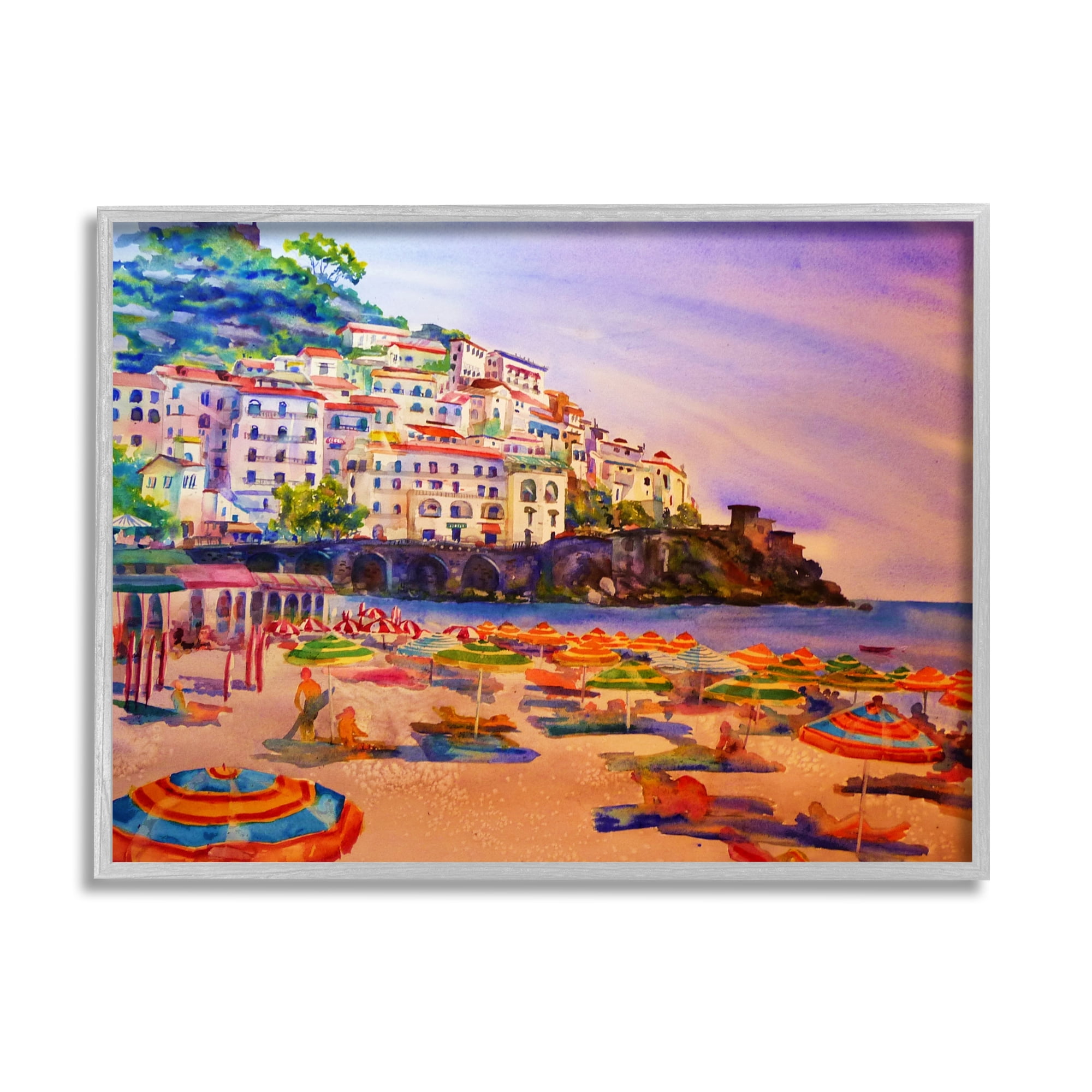 Stupell Industries Summer Beach Landscape Nature Painting Gray Framed Art Print Wall Art, 14 x 11