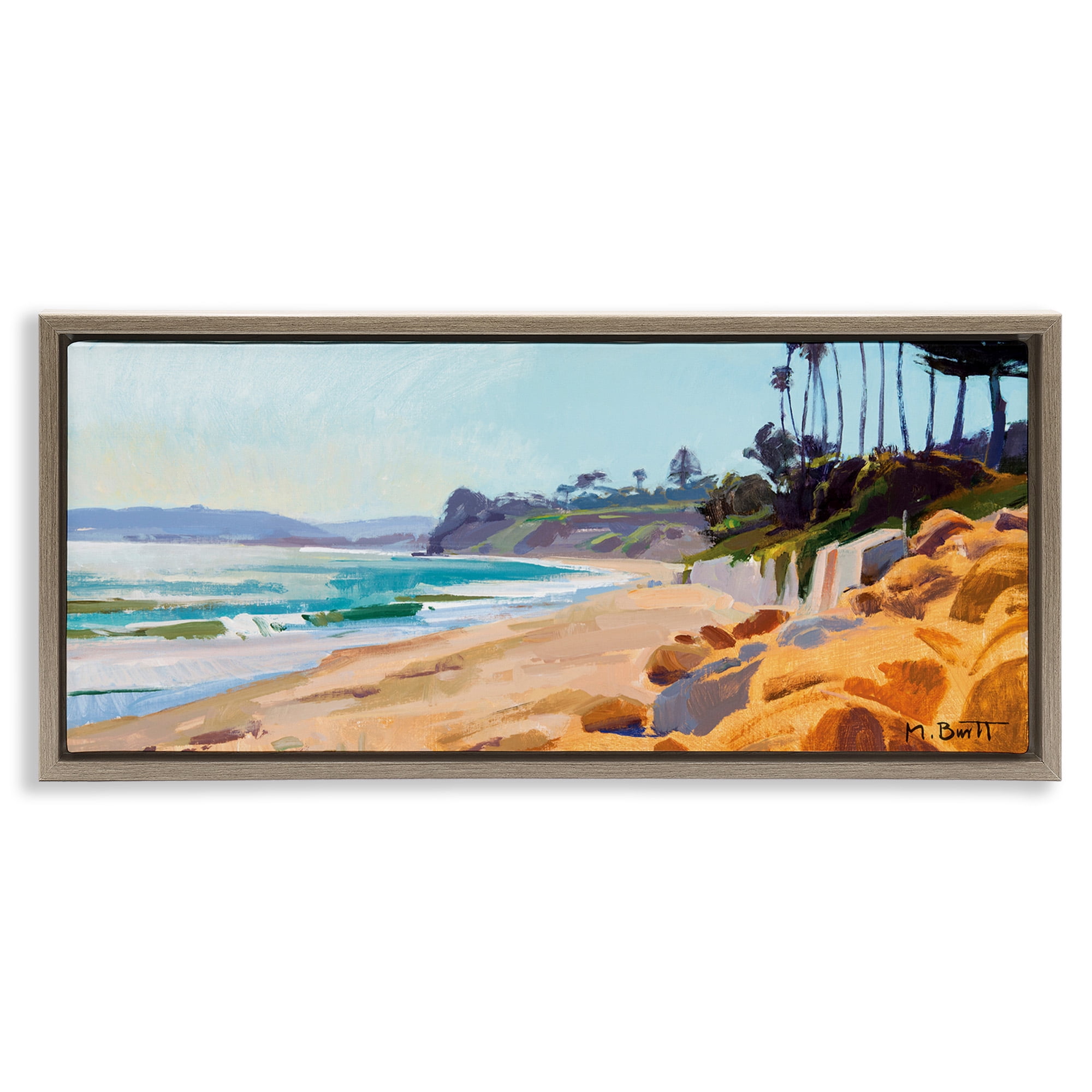 Stupell Industries Summer Beach Landscape Painting Nature Painting Brown Floater Framed Canvas Art Print Wall Art, 25 x 11