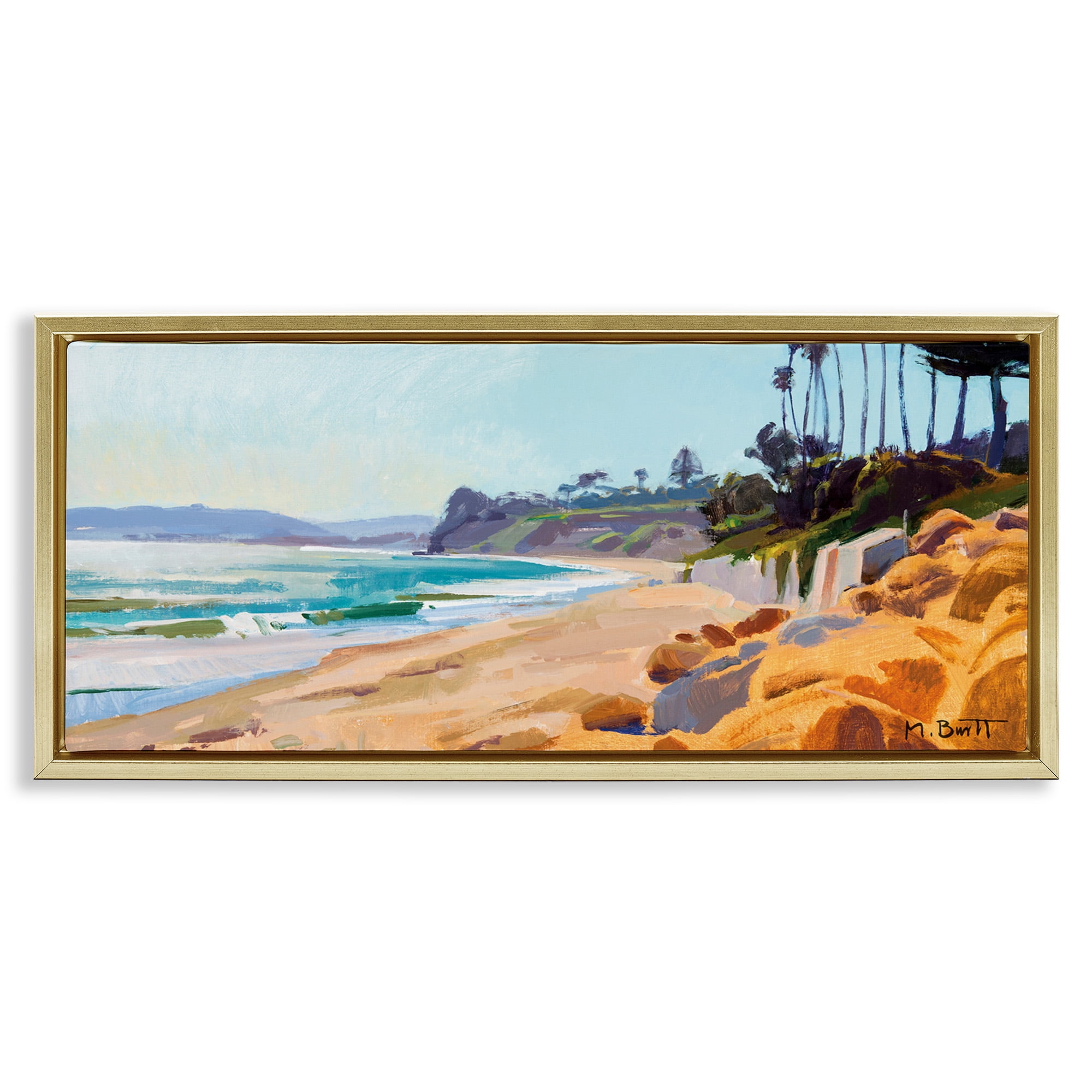 Stupell Industries Summer Beach Landscape Painting Nature Painting Gold Floater Framed Canvas Art Print Wall Art, 25 x 11