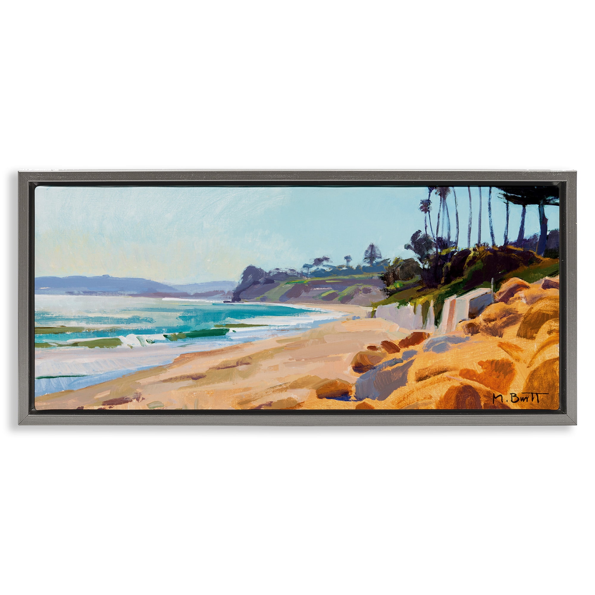 Stupell Industries Summer Beach Landscape Painting Nature Painting Gray Floater Framed Canvas Art Print Wall Art, 25 x 11