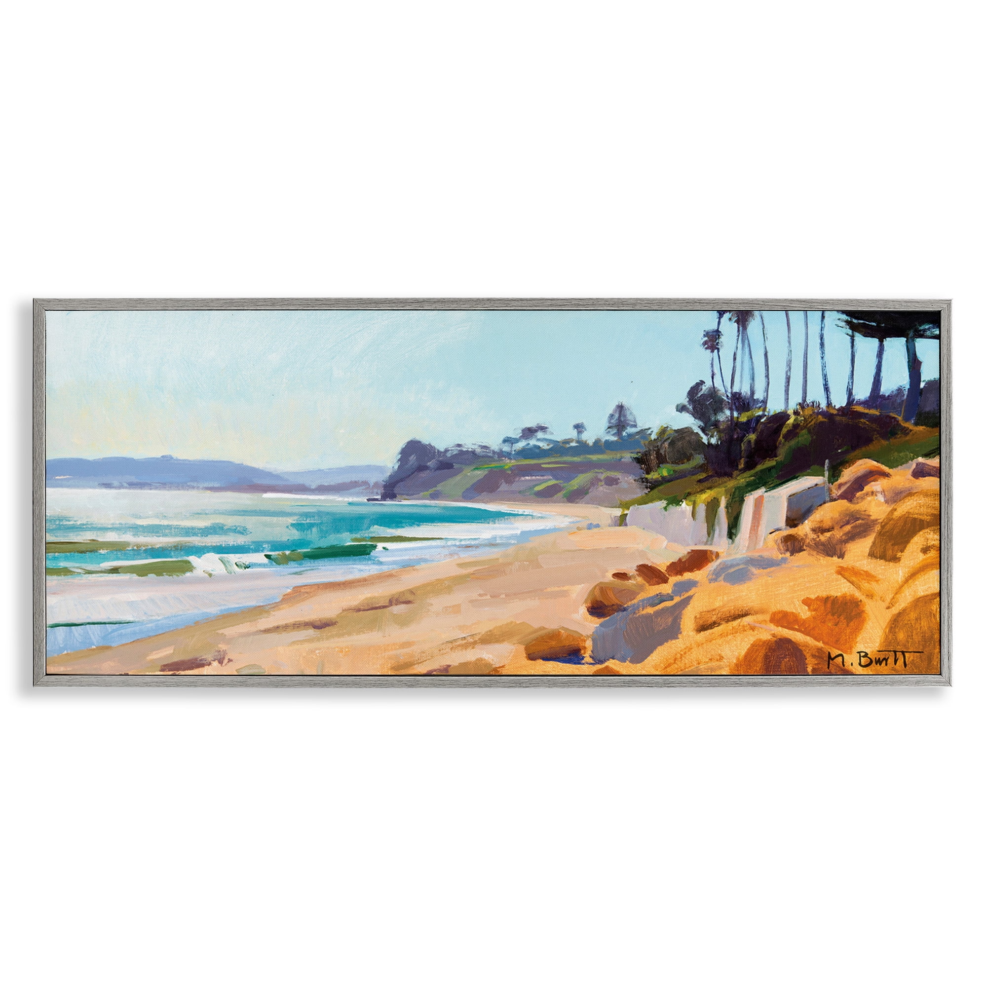 Stupell Industries Summer Beach Landscape Painting Nature Painting Gray Framed Art Print Wall Art, 24 x 10