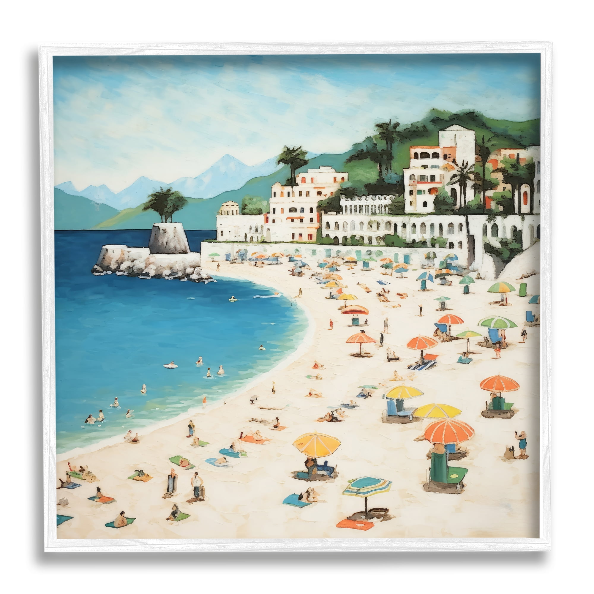 Stupell Industries Summer Beach People Landscape Painting White Framed Art Print Wall Art, 24 x 24