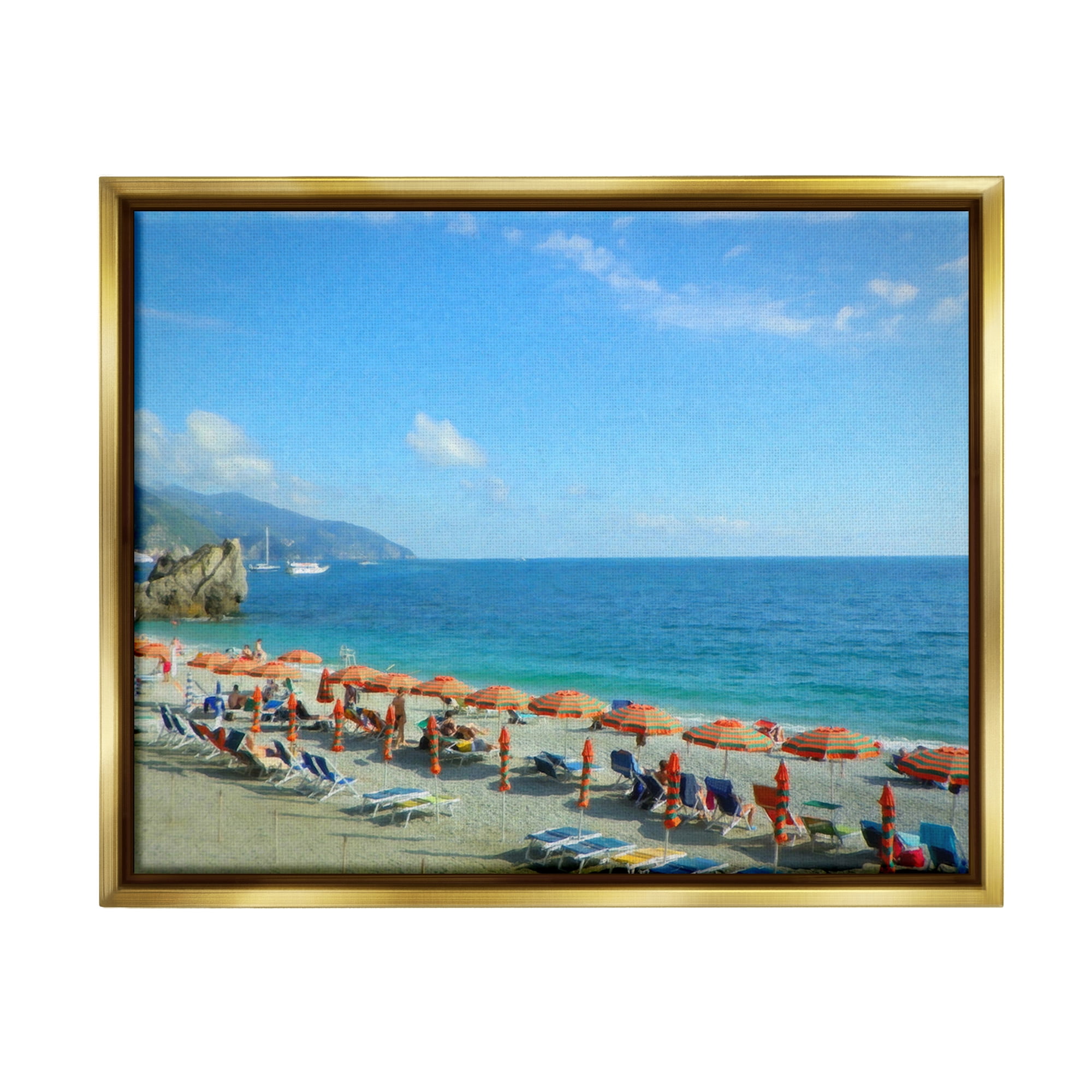 Stupell Industries Summer Beach Resort Landscape Painting Gold Floater Framed Canvas Art Print Wall Art, 21 x 17