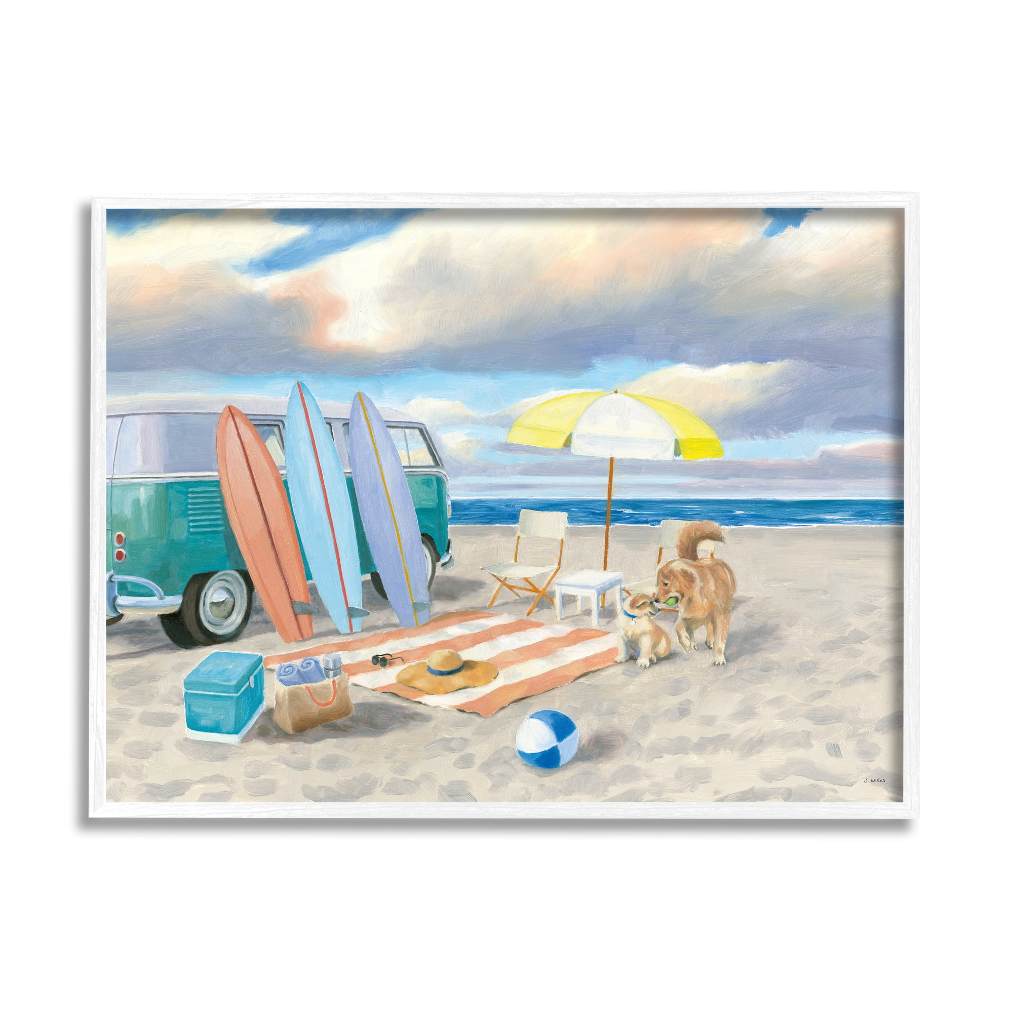 Stupell Industries Summer Beach Scene Retro Van Surfboards Dogs Playing, 14 x 11, Design by James Wiens