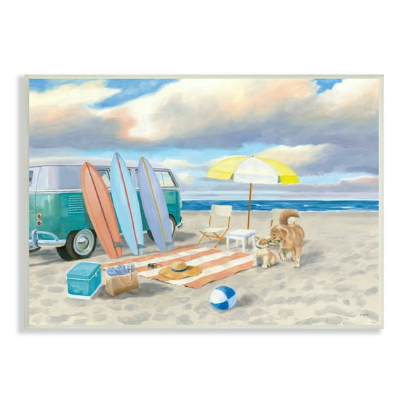 Stupell Industries Summer Beach Scene Retro Van Surfboards Dogs Playing, 19 x 13, Design by James Wiens