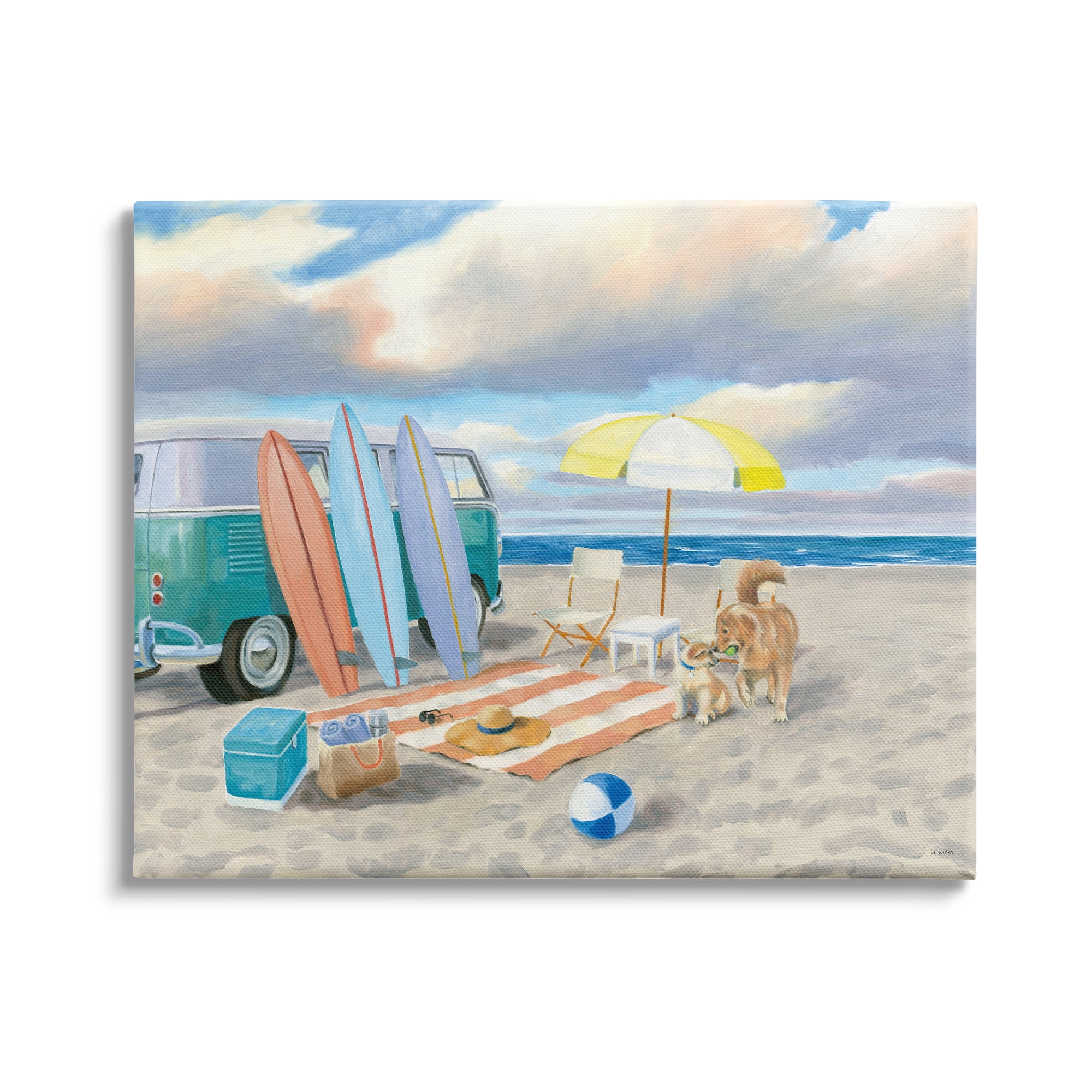 Stupell Industries Summer Beach Scene Retro Van Surfboards Dogs Playing, 20 x 16, Design by James Wiens