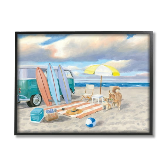 Stupell Industries Summer Beach Scene Retro Van Surfboards Dogs Playing, 20 x 16, Design by James Wiens