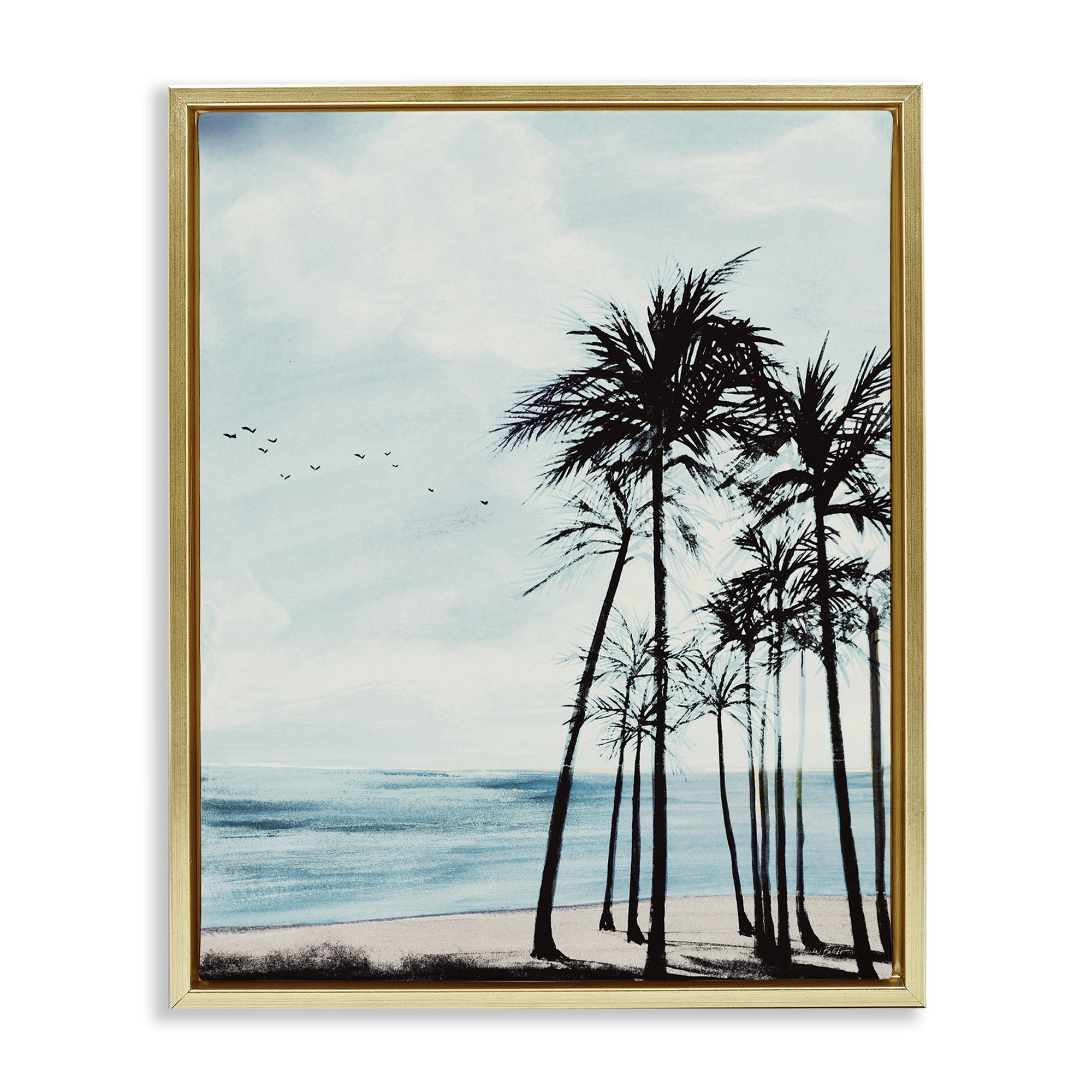 Stupell Industries Summer Beach Silhouette Coastal Painting Gold Floater Framed Canvas Art Print Wall Art, 17 x 21
