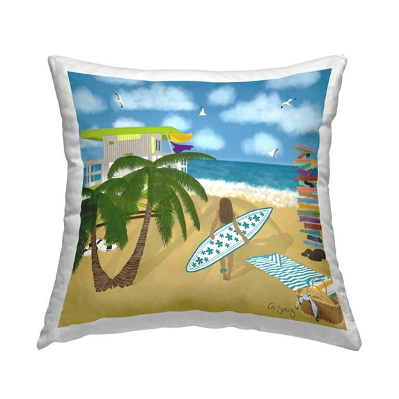 Stupell Industries Summer Beach Tide Surfer Girl Waves Square Decorative Printed Throw Pillow, 18 x 18,