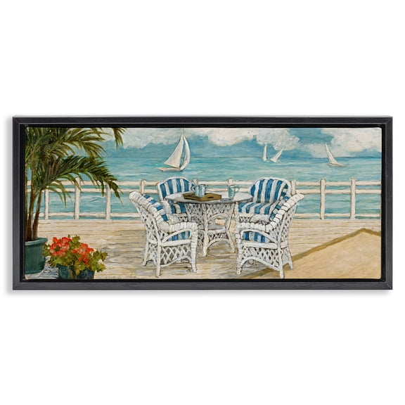 Stupell Industries Summer Beach View Deck Landscape & Nature Painting Black Floater Framed Canvas Art Print Wall Art, 25 x 11