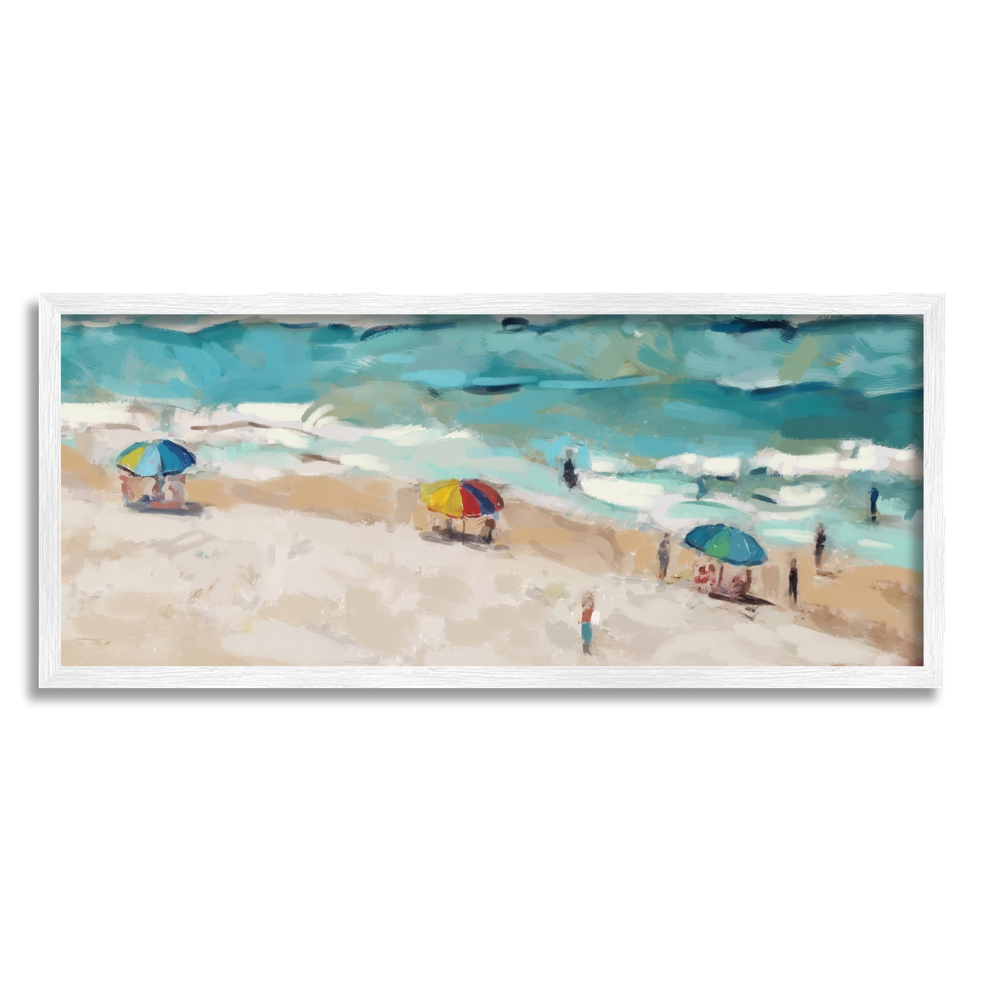 Stupell Industries Summer Beachgoers on Shore Landscape Painting White Framed Art Print Wall Art, 24 x 10
