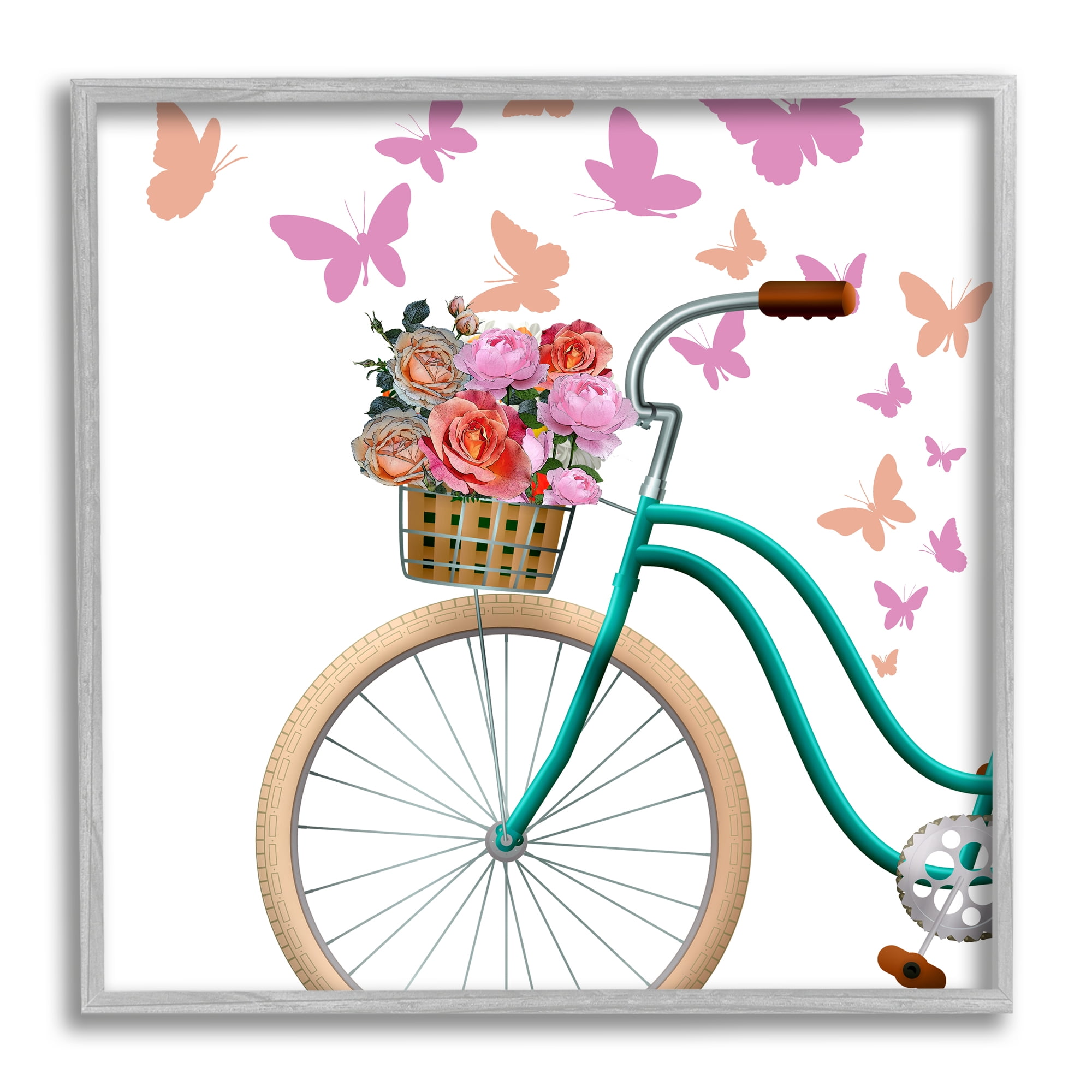 Stupell Industries Summer Bicycle Flower Basket Pink Fluttering Butterflies Graphic Art Gray Framed Art Print Wall Art, Design by Kim Allen
