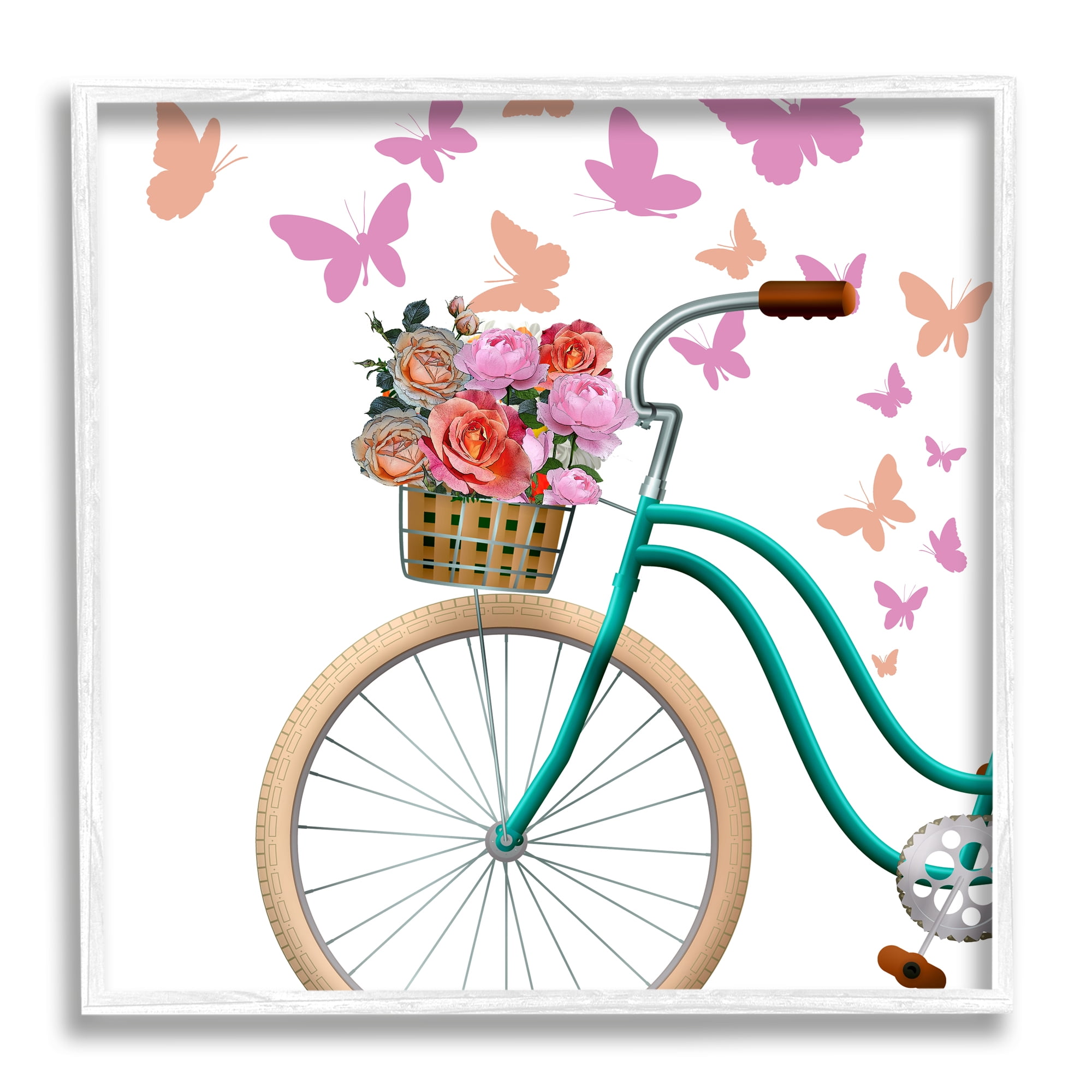 Stupell Industries Summer Bicycle Flower Basket Pink Fluttering Butterflies Graphic Art White Framed Art Print Wall Art, Design by Kim Allen