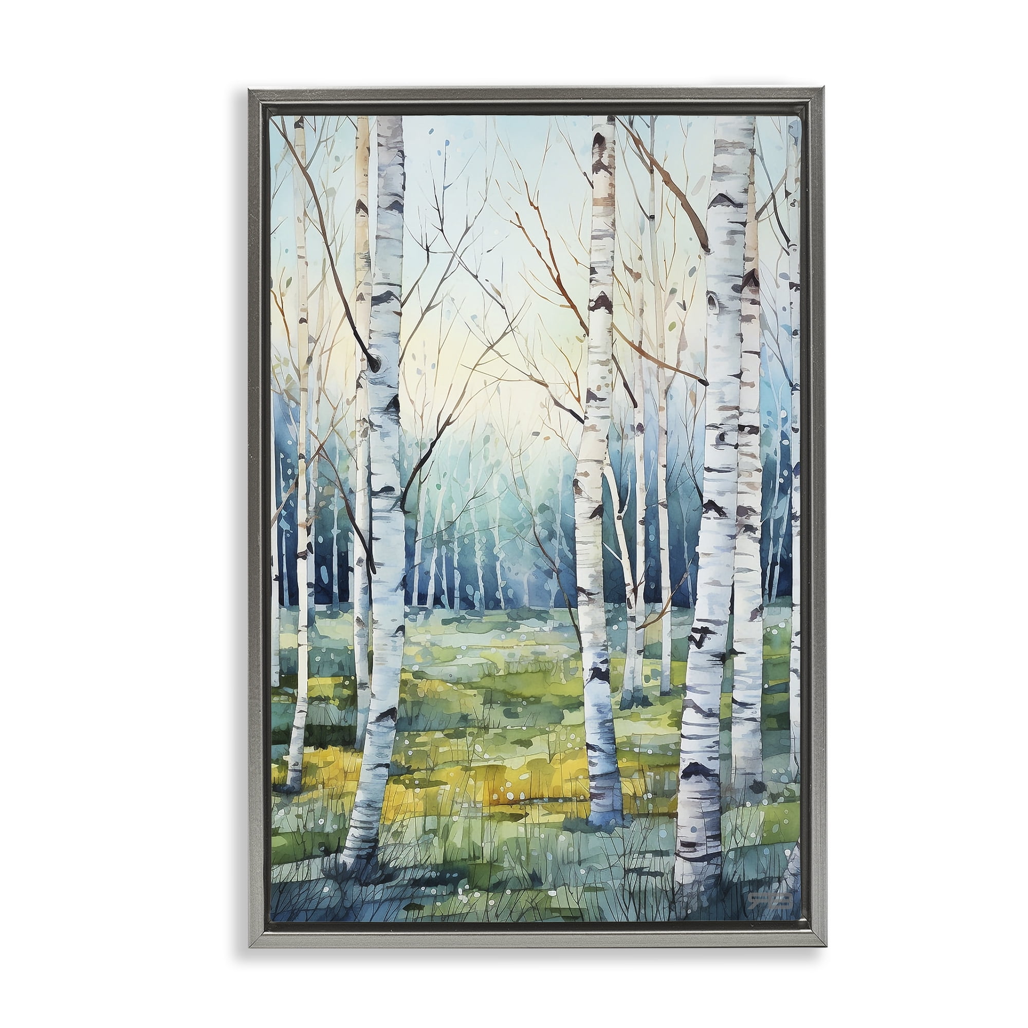Stupell Industries Summer Birch Forest Landscape Painting Gray Floater Framed Art Print Wall Art, 21 x 31